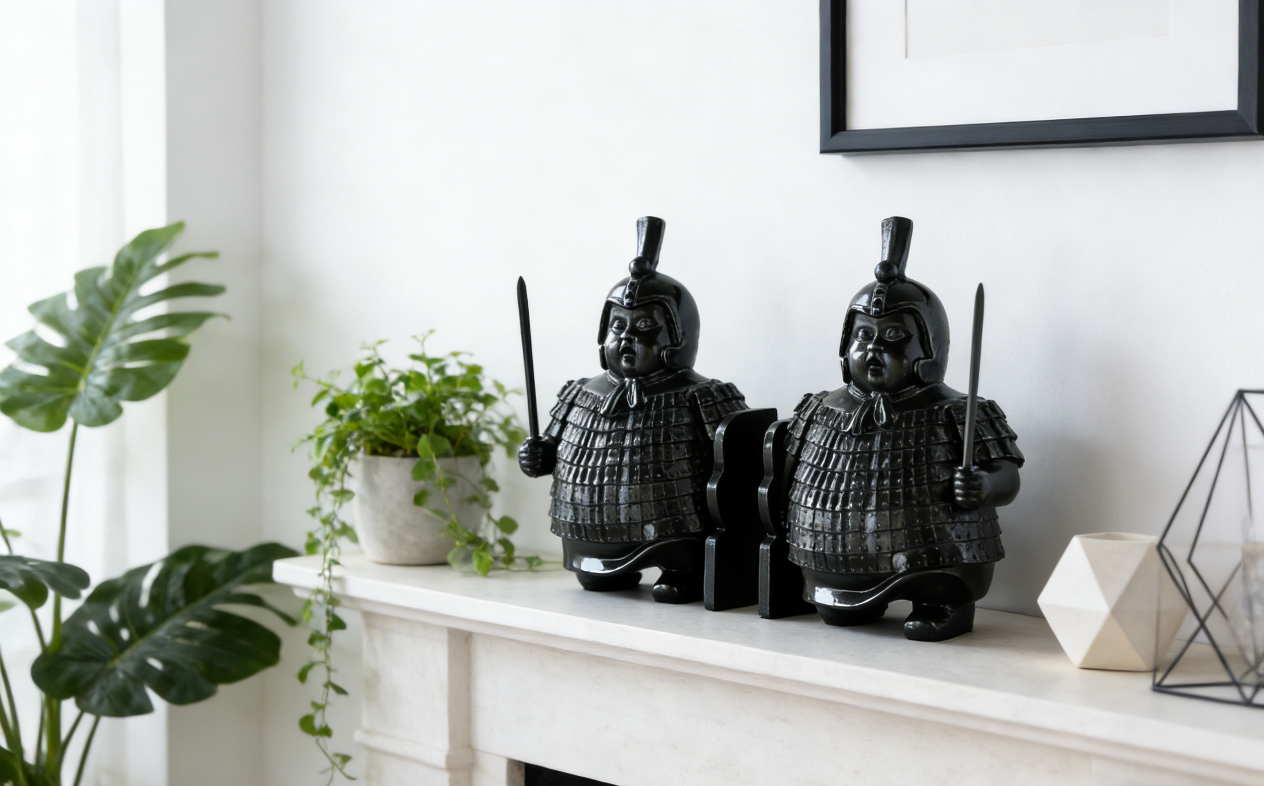 Chubby Chinese Warrior Bookends | Gloss Black | Unique Home & Office Decor