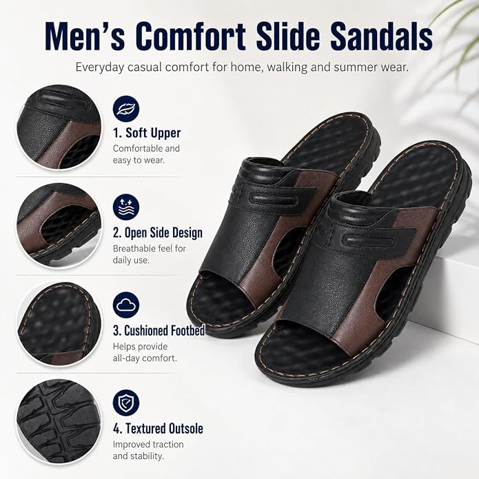 Men's Slide Sandals, Cushioned Open Toe Slip-On Sandals with Textured Outsole, Casual Indoor Outdoor Shoes, Brown