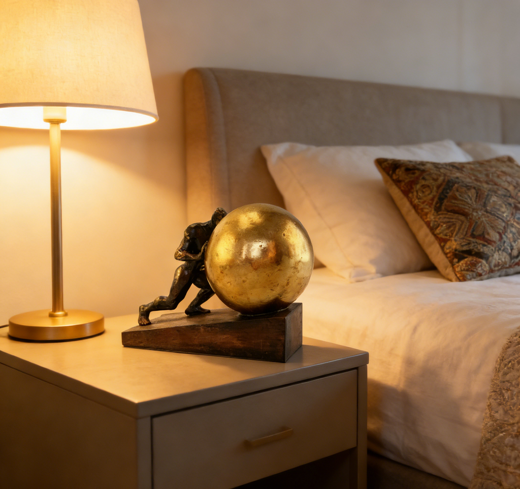 Man Pushing Sphere Sculpture | 23×12.5×17 CM | Modern Bronze & Gold Home Decor ✨