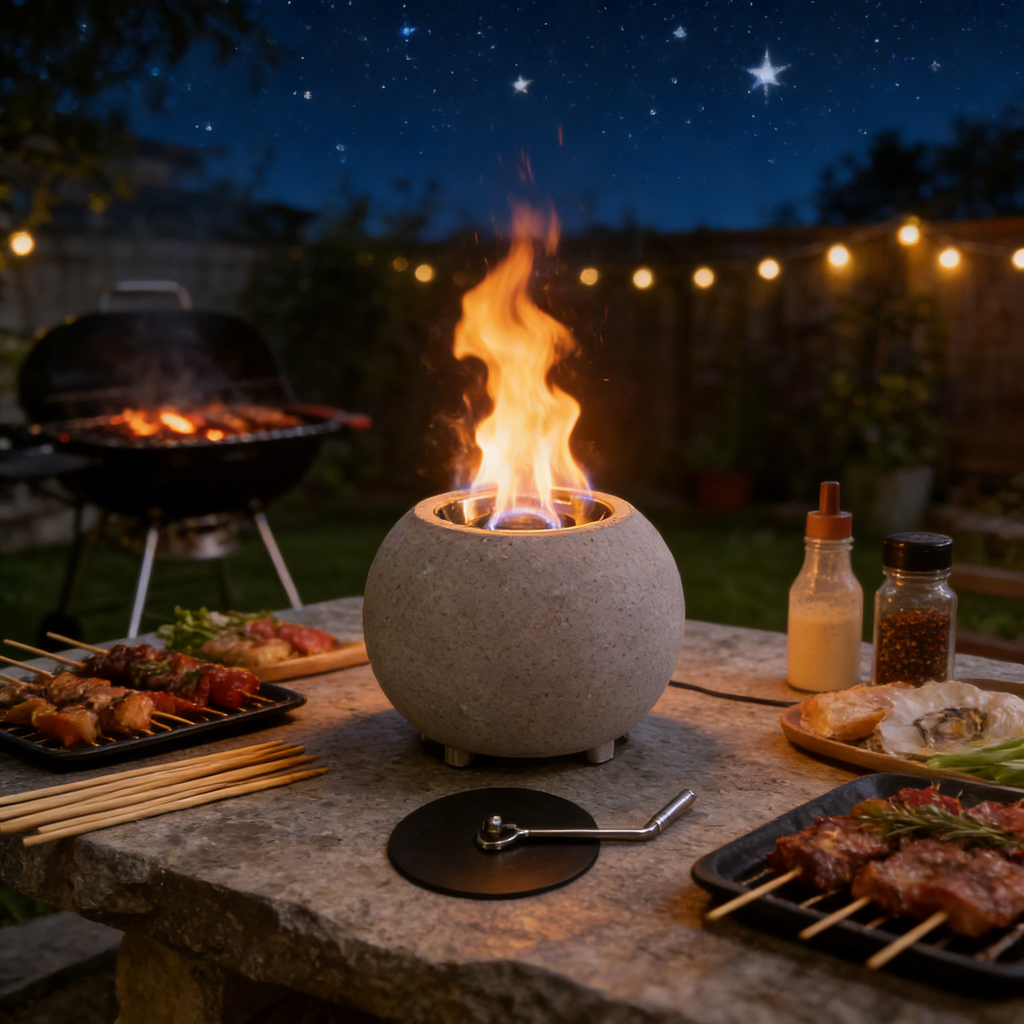 Compact Round Concrete Fire Bowl（no alcohol） – Cozy Tabletop Fire Pit with Safety Kit