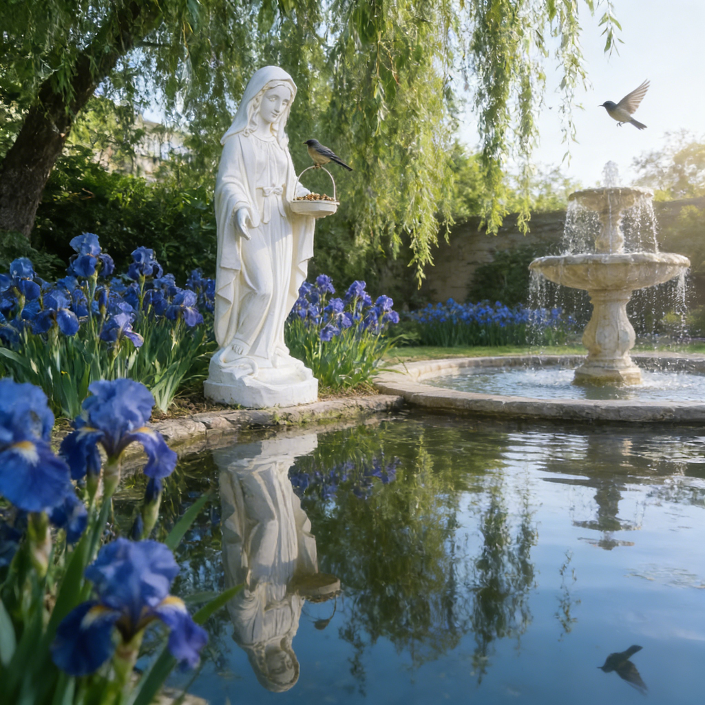 Heart Soars Religious Virgin Mary Statue with Bird Feeder, White Magnesium Oxide, 22x24.5x64cm, Garden Decor