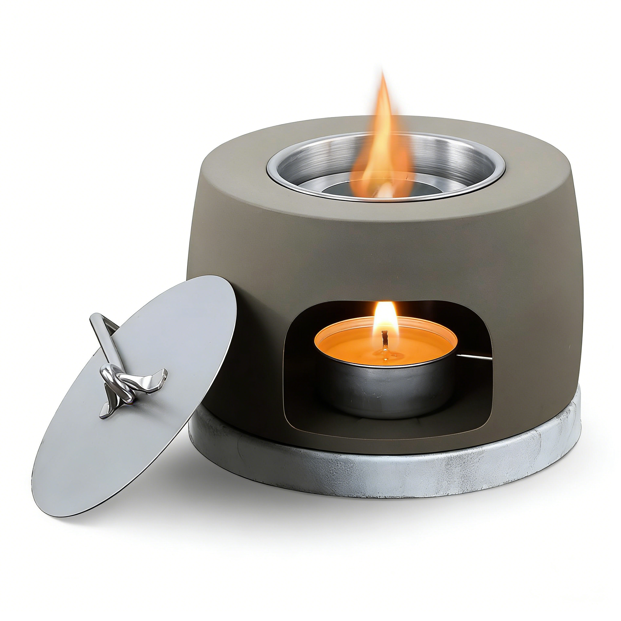 Heart Soars Tabletop Fire Bowl（no alcohol）, Concrete Alcohol Burner with Stainless Steel Lid, 15.6 x 15.6 x 16 cm, Desktop Fireplace with Cotton Wick and Extinguisher