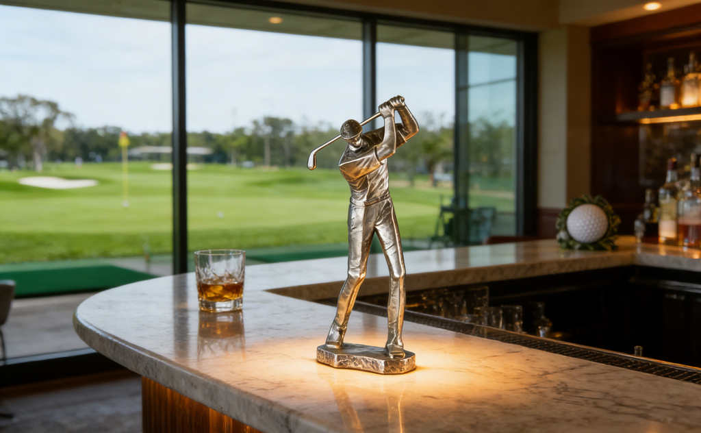 Golfer Swing Sculpture | Silver-Tone Golf Player Statue | Modern Home & Office Decor for Golf Enthusiasts