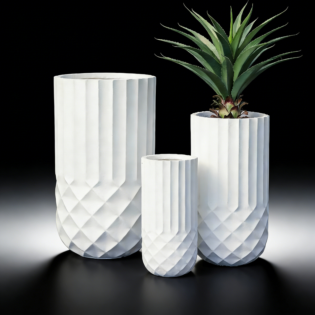Heart Soars White Geometric Planter Set, Magnesium Oxide Material, 3 Piece Set with Diamond Pattern Design, Indoor Outdoor Decorative Flower Pots