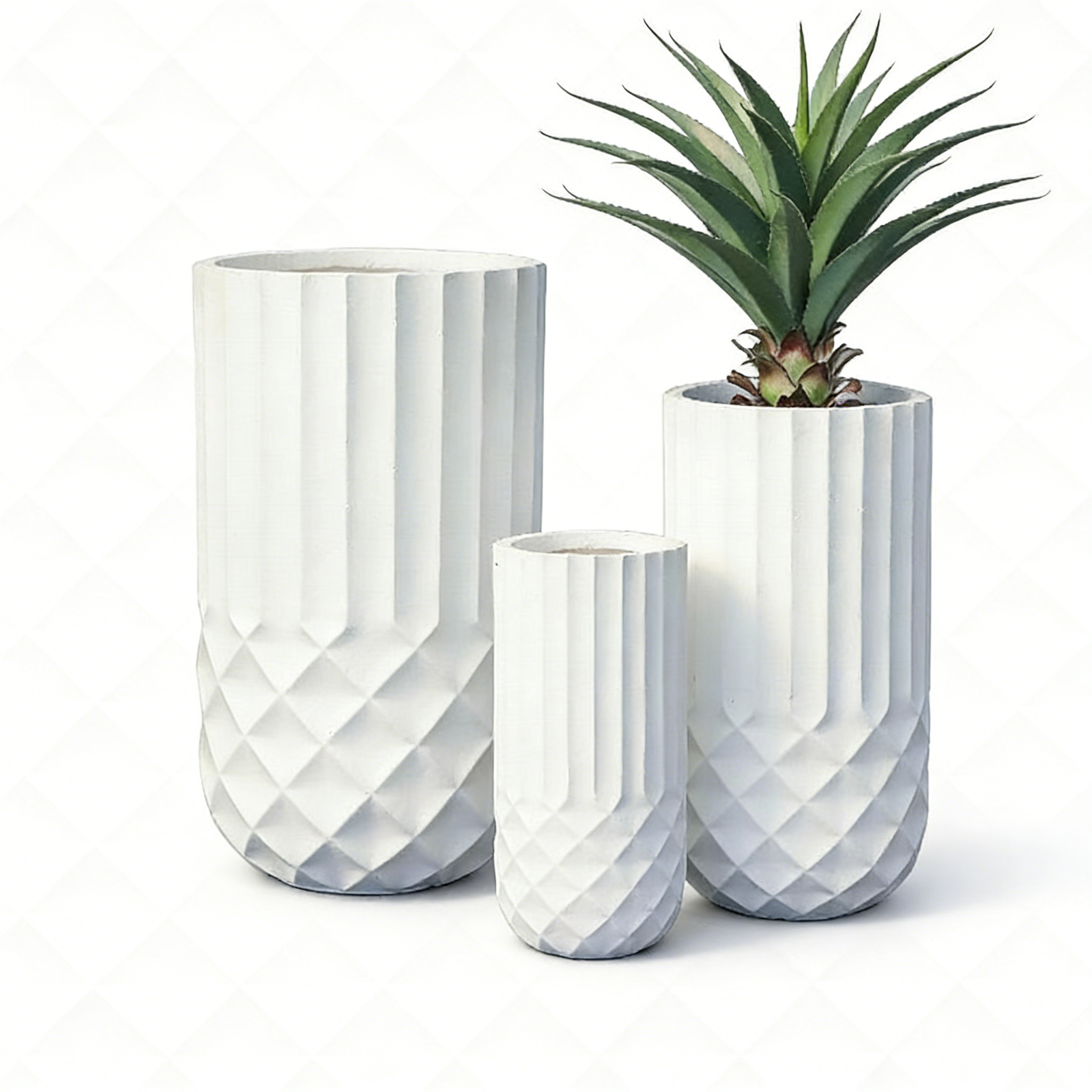 Heart Soars White Geometric Planter Set, Magnesium Oxide Material, 3 Piece Set with Diamond Pattern Design, Indoor Outdoor Decorative Flower Pots