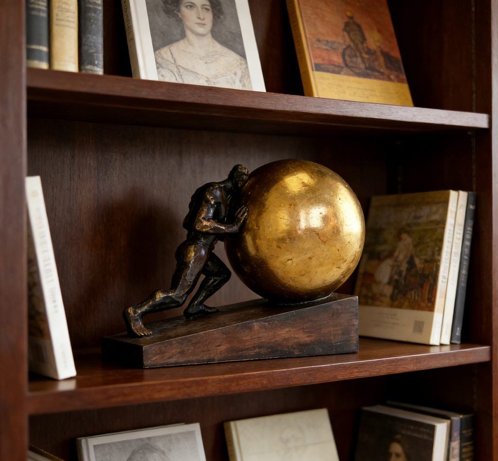 Man Pushing Sphere Sculpture | 23×12.5×17 CM | Modern Bronze & Gold Home Decor ✨