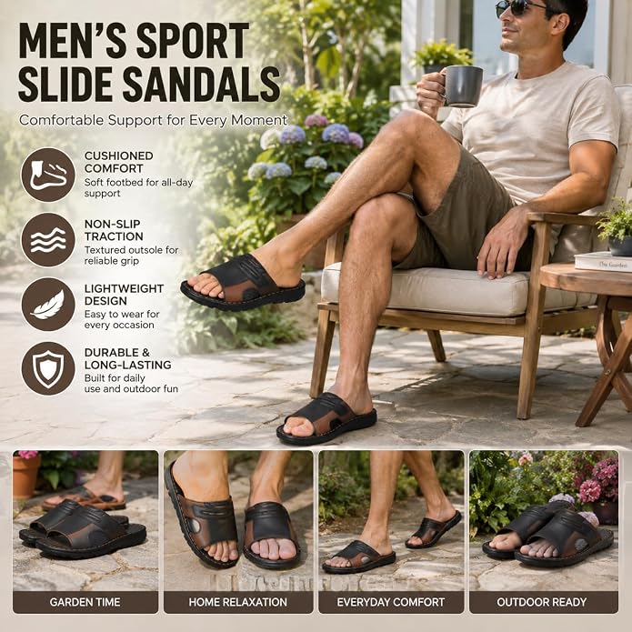 Men's Slide Sandals, Cushioned Open Toe Slip-On Sandals with Textured Outsole, Casual Indoor Outdoor Shoes, Brown