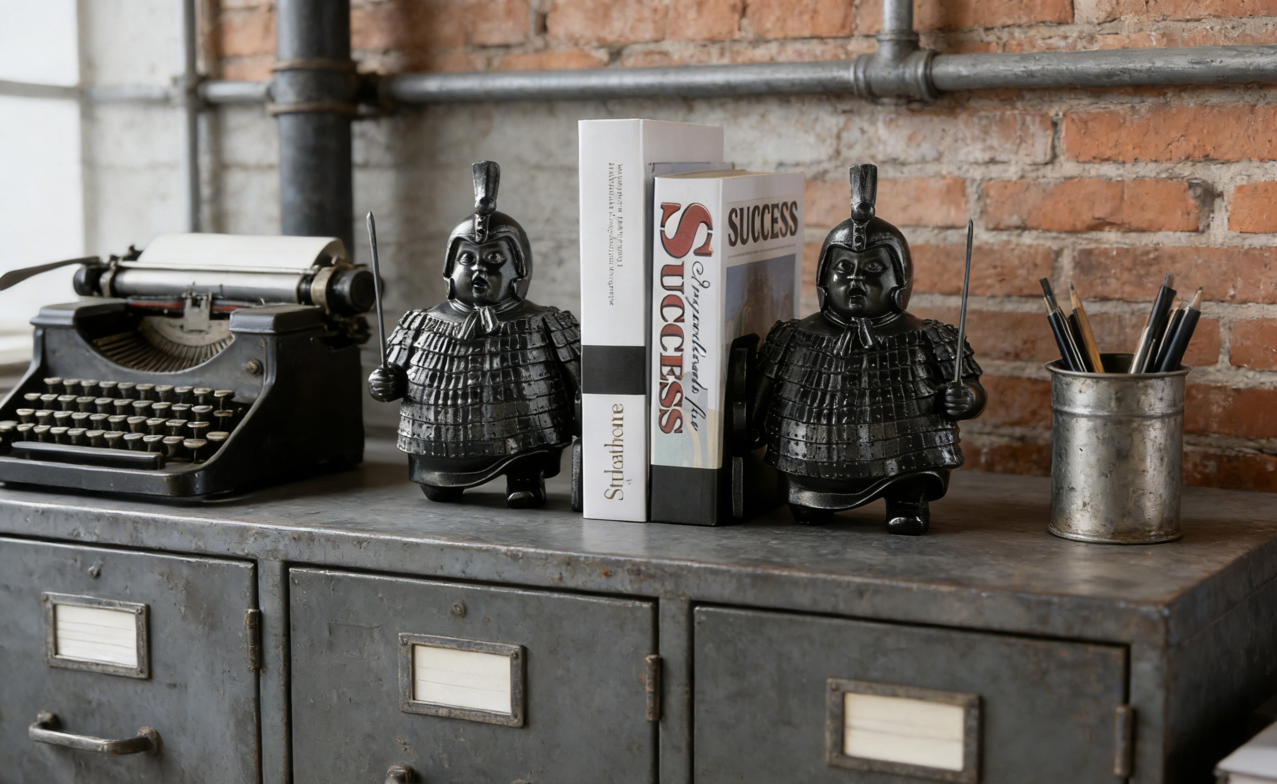 Chubby Chinese Warrior Bookends | Gloss Black | Unique Home & Office Decor
