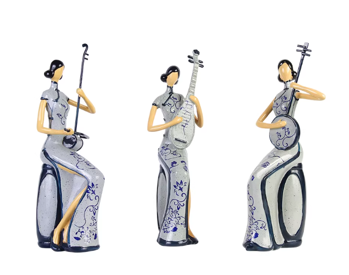 Heart Soars Blue and White Porcelain Lady Musician Figurine Set, Traditional Chinese Style Sculpture Craft, 9.8x9.5x26CM