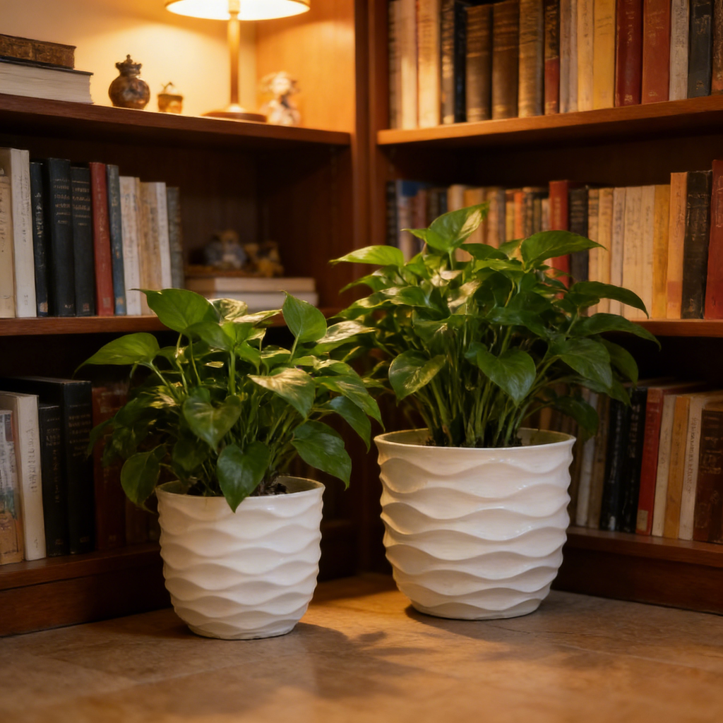 Heart Soars Wave Pattern Planter Pot Set, White, Magnesium Oxide Material, 2 Piece Set, 13.4 and 17.3 Inch