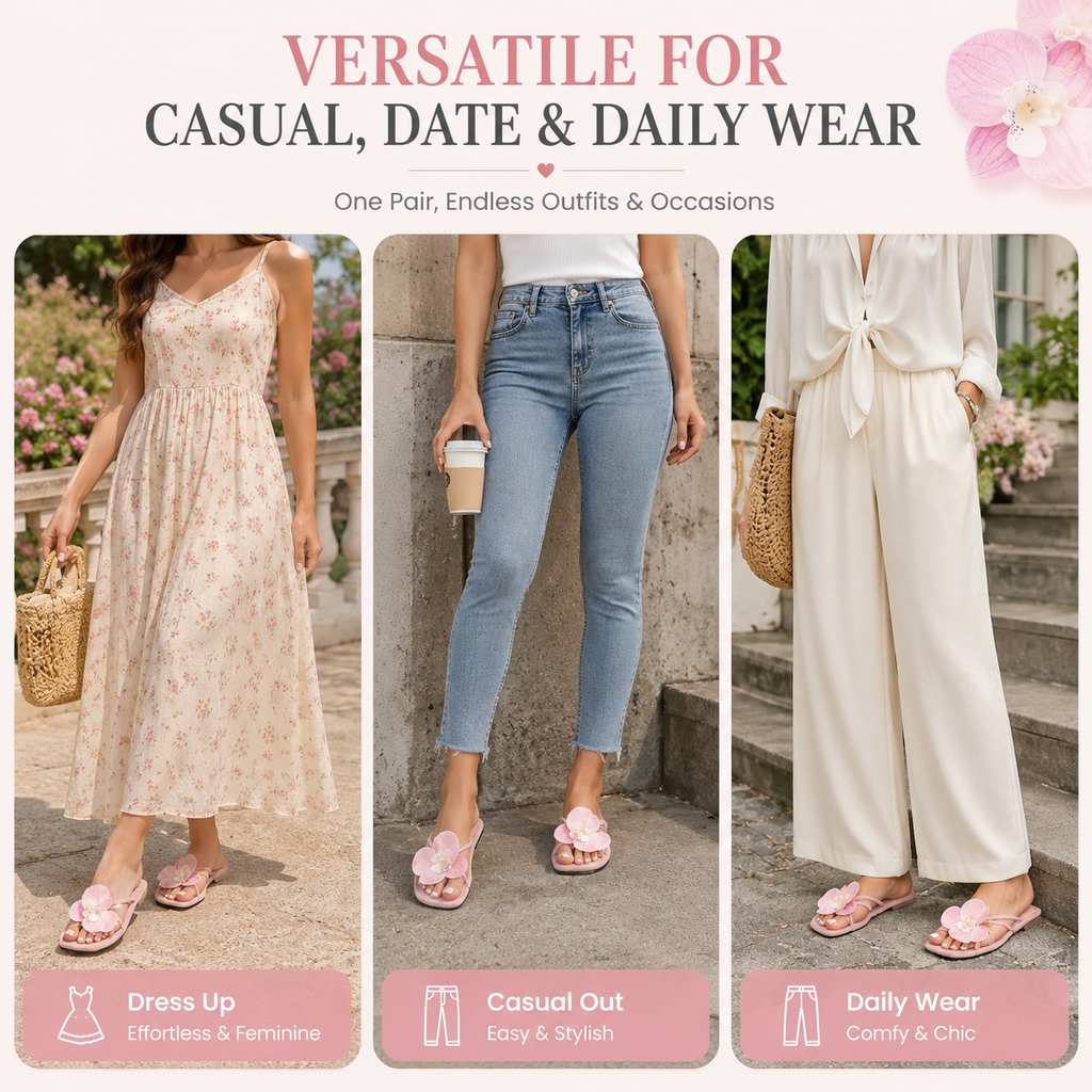 Women's Pink Orchid Flower Slide Sandals, Faux Suede Square-Toe Flat Slippers, Casual Summer Floral Sandals
