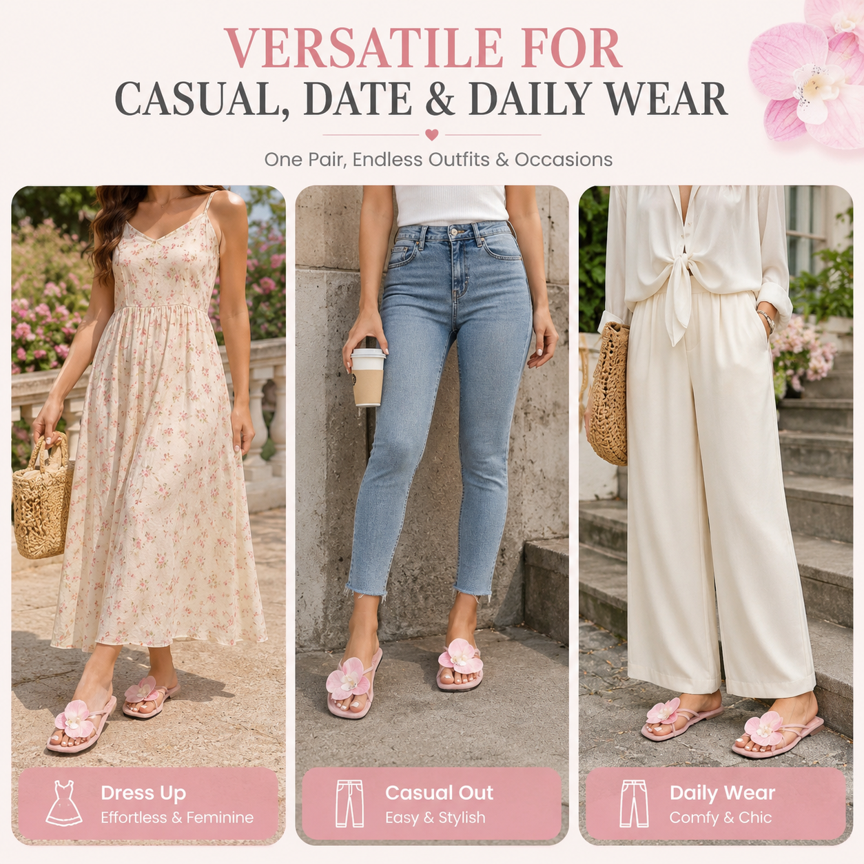 Women's Pink Orchid Flower Slide Sandals, Faux Suede Square-Toe Flat Slippers, Casual Summer Floral Sandals