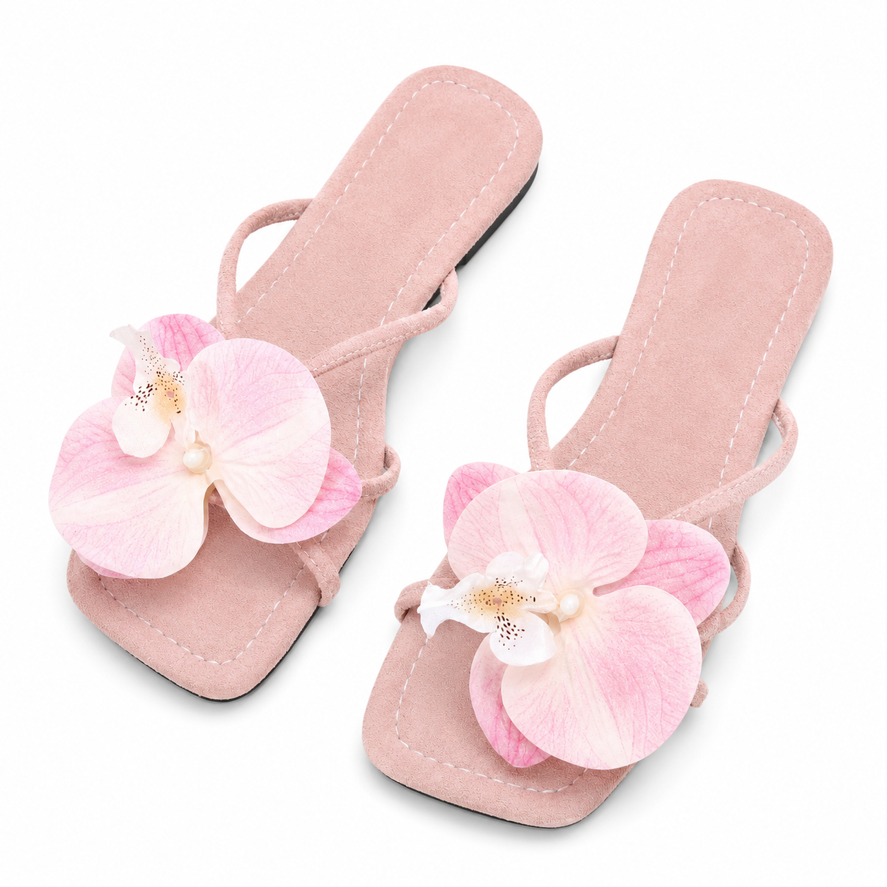 Women's Pink Orchid Flower Slide Sandals, Faux Suede Square-Toe Flat Slippers, Casual Summer Floral Sandals
