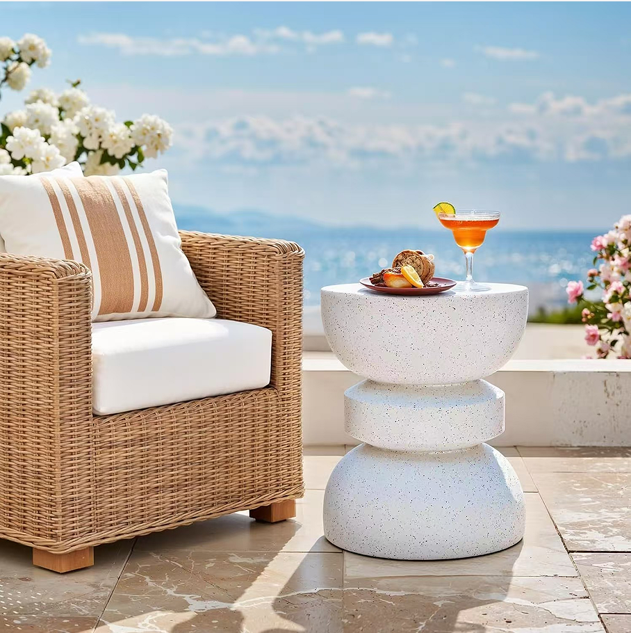 Heart Soars MGO Side Table, Modern Stacked Design, White Speckled Finish, Outdoor Patio Accent Table