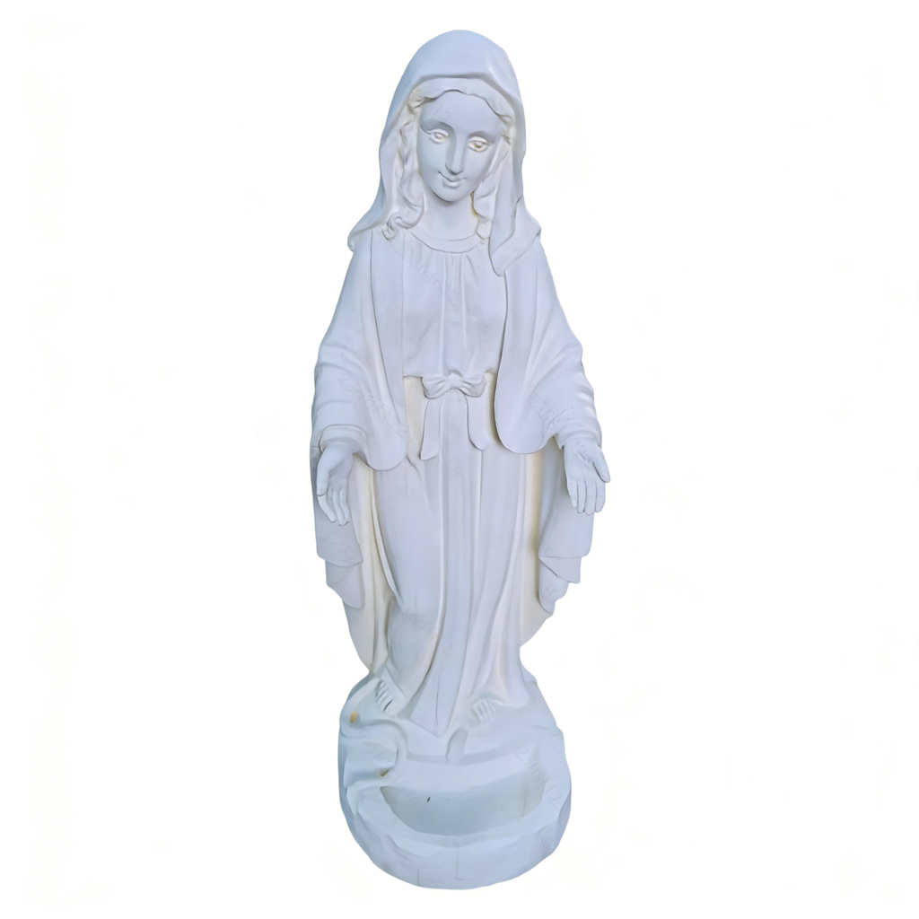 Heart Soars Religious Virgin Mary Statue with Bird Feeder, White Magnesium Oxide, 22x24.5x64cm, Garden Decor