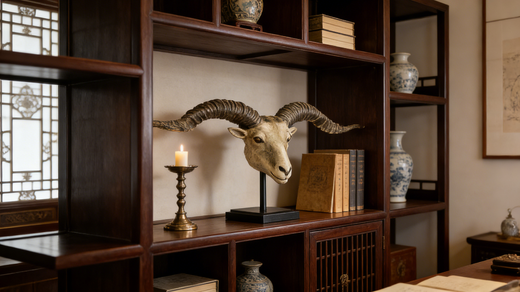 Heart Soars Ram Head Sculpture Decorative Figurine with Long Horns, Resin Craft Ornament on Black Base, 98x13x42cm