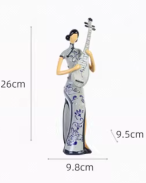 Heart Soars Blue and White Porcelain Lady Musician Figurine Set, Traditional Chinese Style Sculpture Craft, 9.8x9.5x26CM