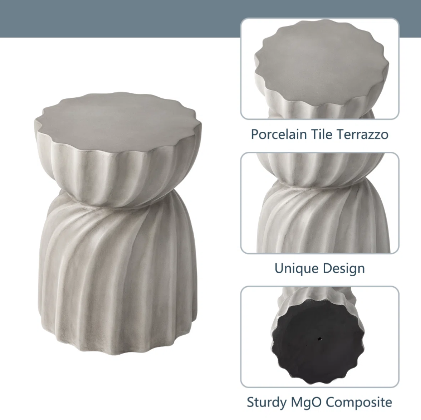 Heart Soars Round Outdoor Side Table – Modern Porcelain Tile Terrazzo Accent Table