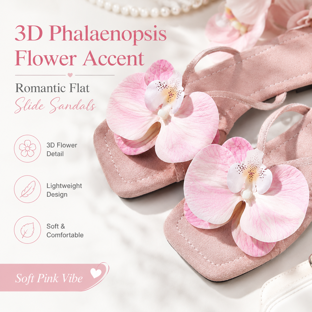 Women's Pink Orchid Flower Slide Sandals, Faux Suede Square-Toe Flat Slippers, Casual Summer Floral Sandals