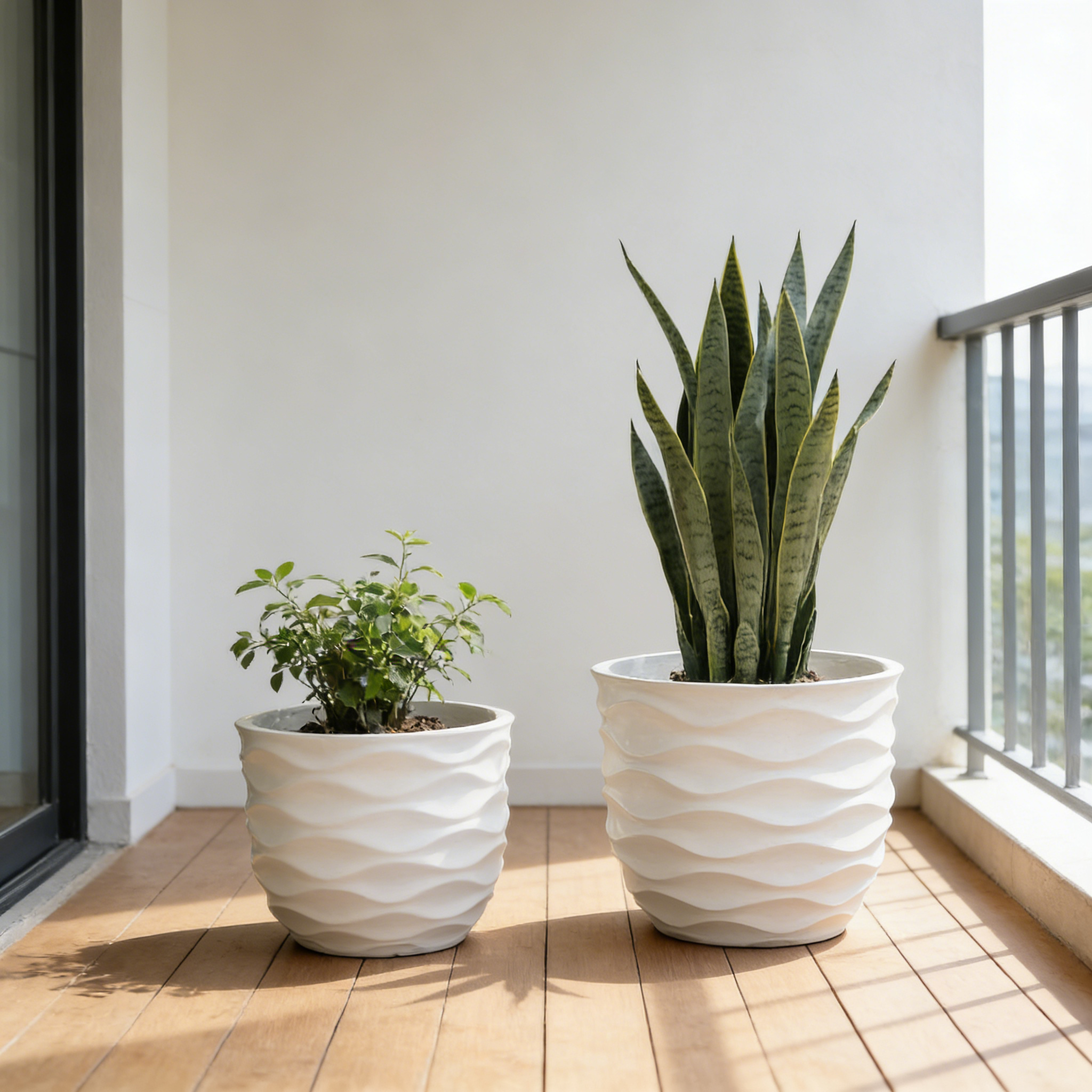 Heart Soars Wave Pattern Planter Pot Set, White, Magnesium Oxide Material, 2 Piece Set, 13.4 and 17.3 Inch