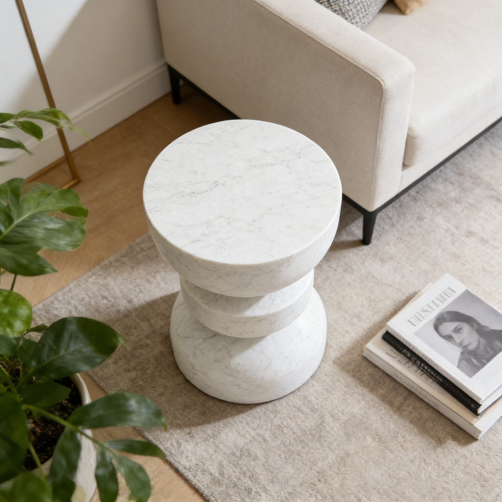 Heart Soars MGO Side Table, Modern Stacked Design, White Speckled Finish, Outdoor Patio Accent Table