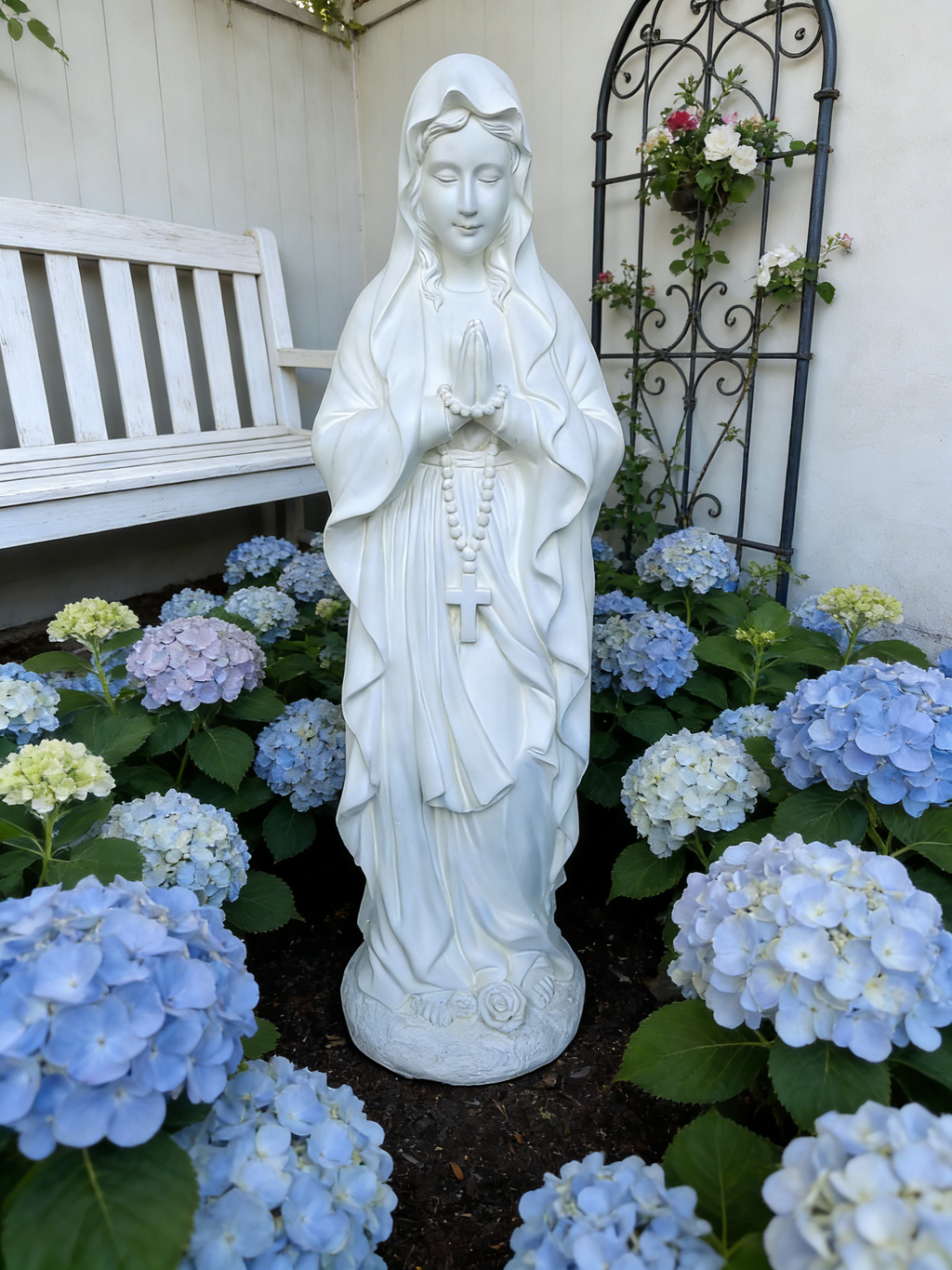 Heart Soars Religious Virgin Mary Statue, White, Magnesium Oxide, 10.2x8.7x29.9 Inches, Praying Pose with Rosar