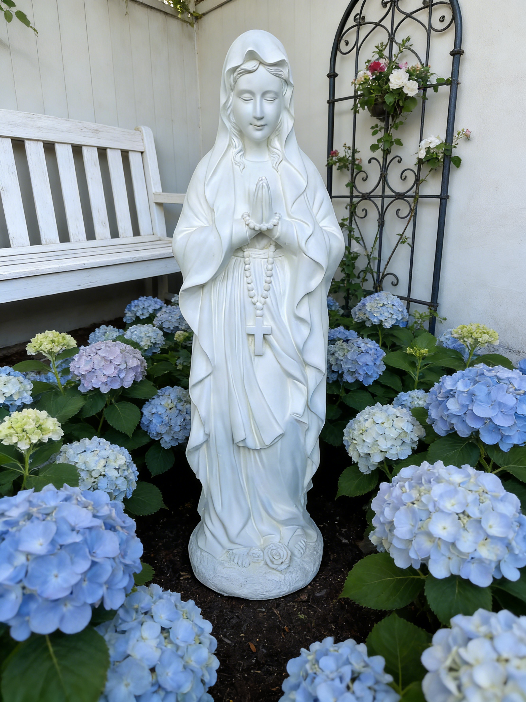 Heart Soars Religious Virgin Mary Statue, White, Magnesium Oxide, 10.2x8.7x29.9 Inches, Praying Pose with Rosar