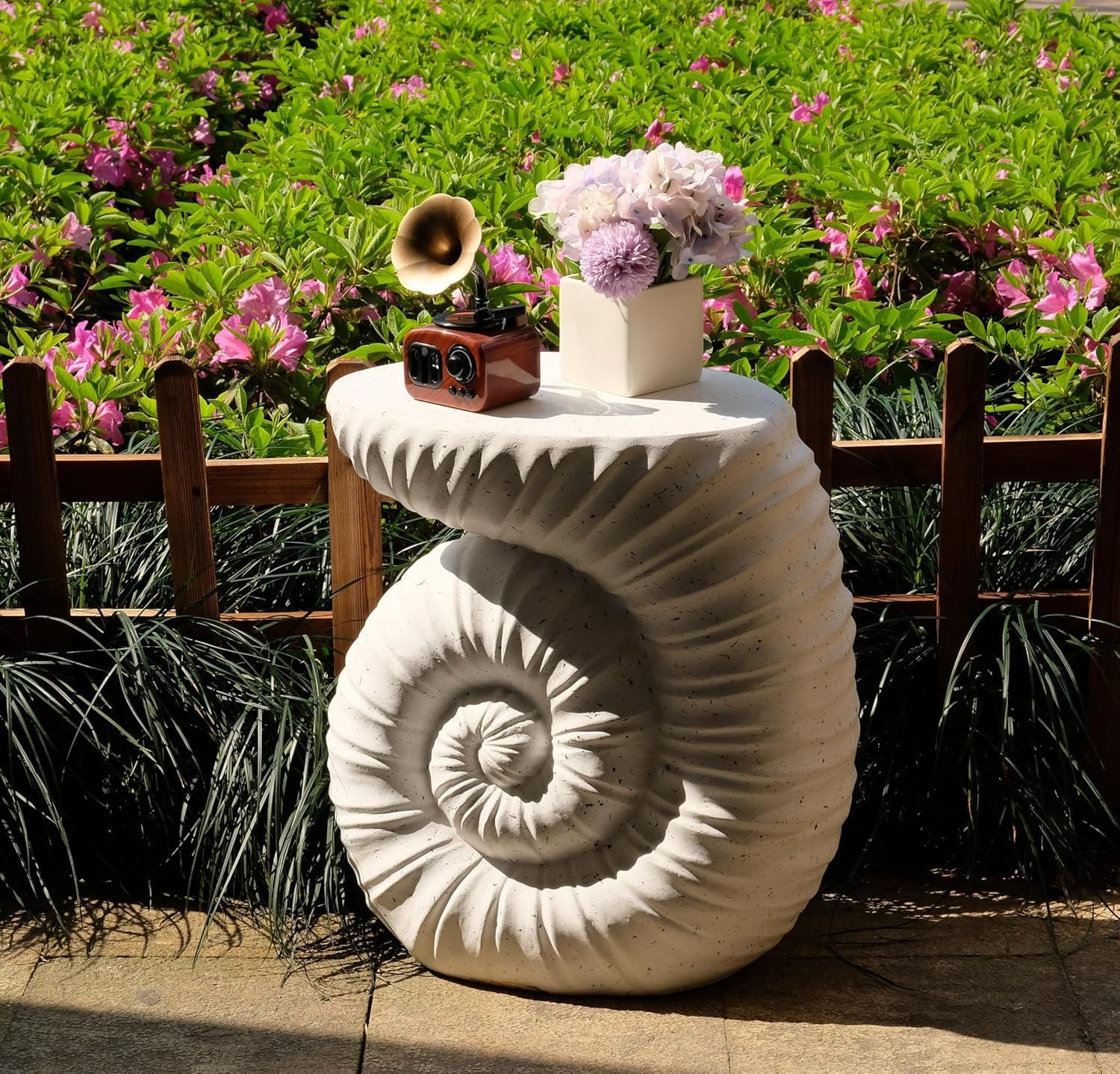 Heart Soars MGO Side Table Conch Cement Outdoor Side Table, White Conch Concrete Patio Table, Multi-Use Modern End Table with Spotted Finish, Accent Garden Table for Balcony Porch Pool