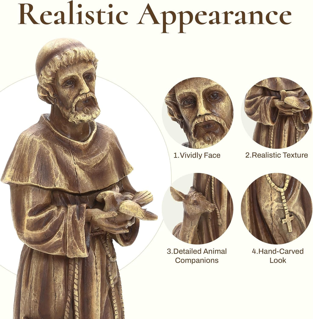 Heart Soars 25'' Saint Francis Garden Statue, Religious Garden Sculpture, Catholic St. Francis Statue for Patio, Yard, Home, Fiber Stone Decor, Outdoor Sculptures Decorations, Brown