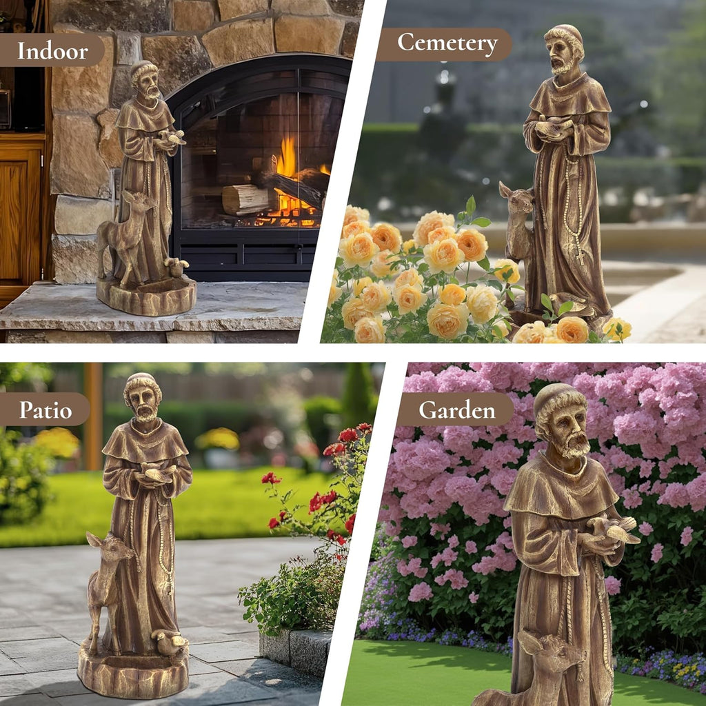 Heart Soars 25'' Saint Francis Garden Statue, Religious Garden Sculpture, Catholic St. Francis Statue for Patio, Yard, Home, Fiber Stone Decor, Outdoor Sculptures Decorations, Brown