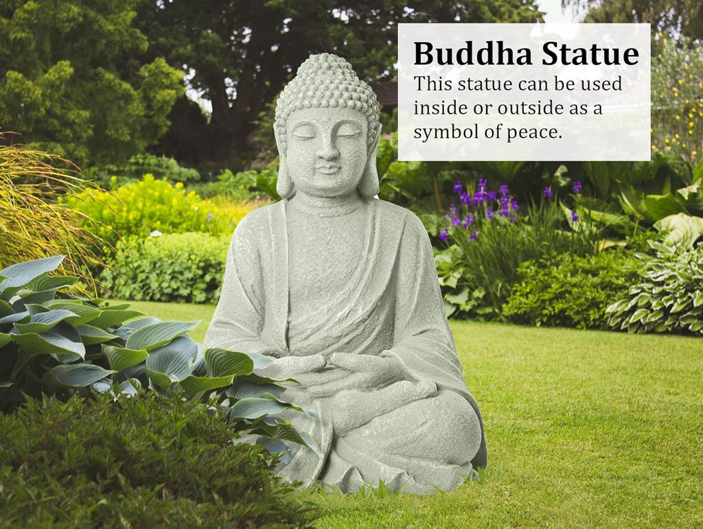 Zen Garden Asian Buddha Statue Outdoor Indoor Yard Decor 20” High Patio Deck Sculptures Magnesium Oxide Stone Grey Home Entryway Hallway