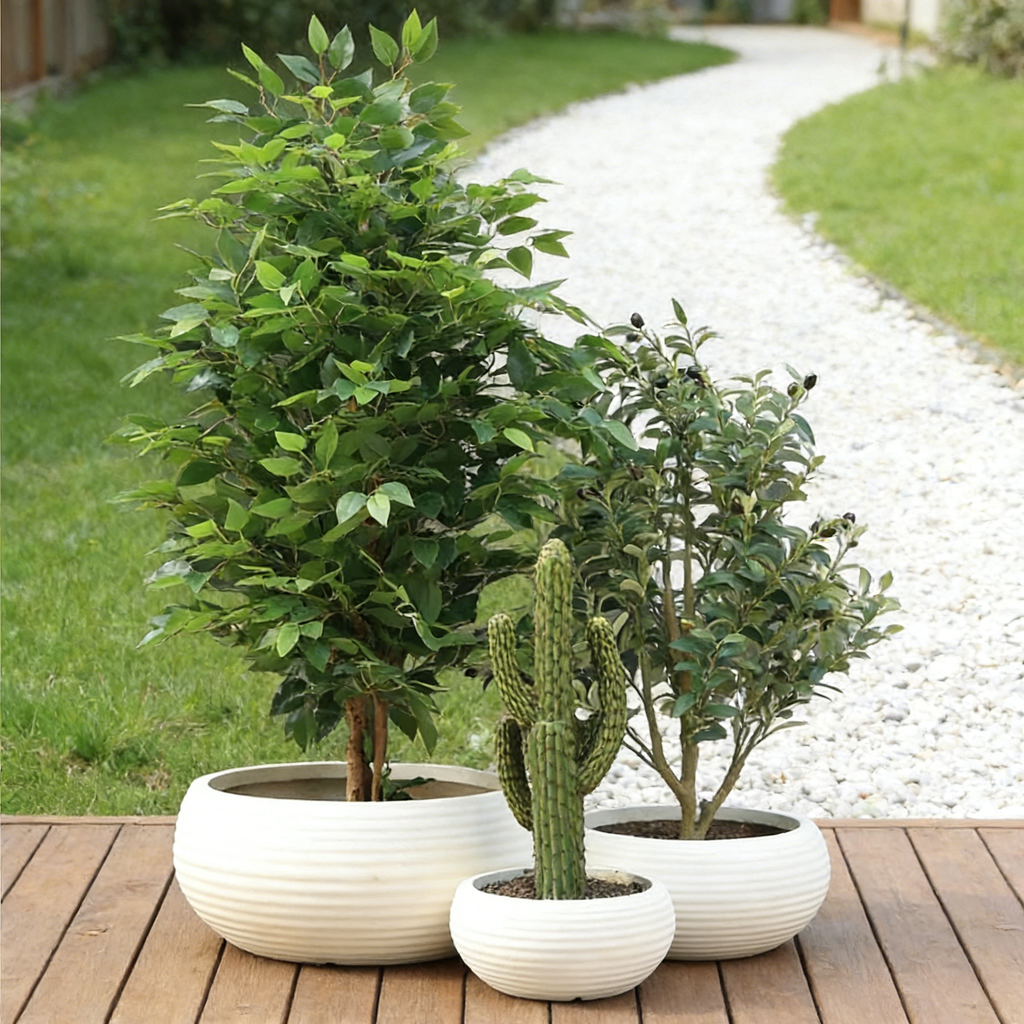 Heart Soars Round Planter Pots Set of 3, White, Magnesium Oxide Material, Low Profile Design, 12", 16.5", and 21.6" Diameters