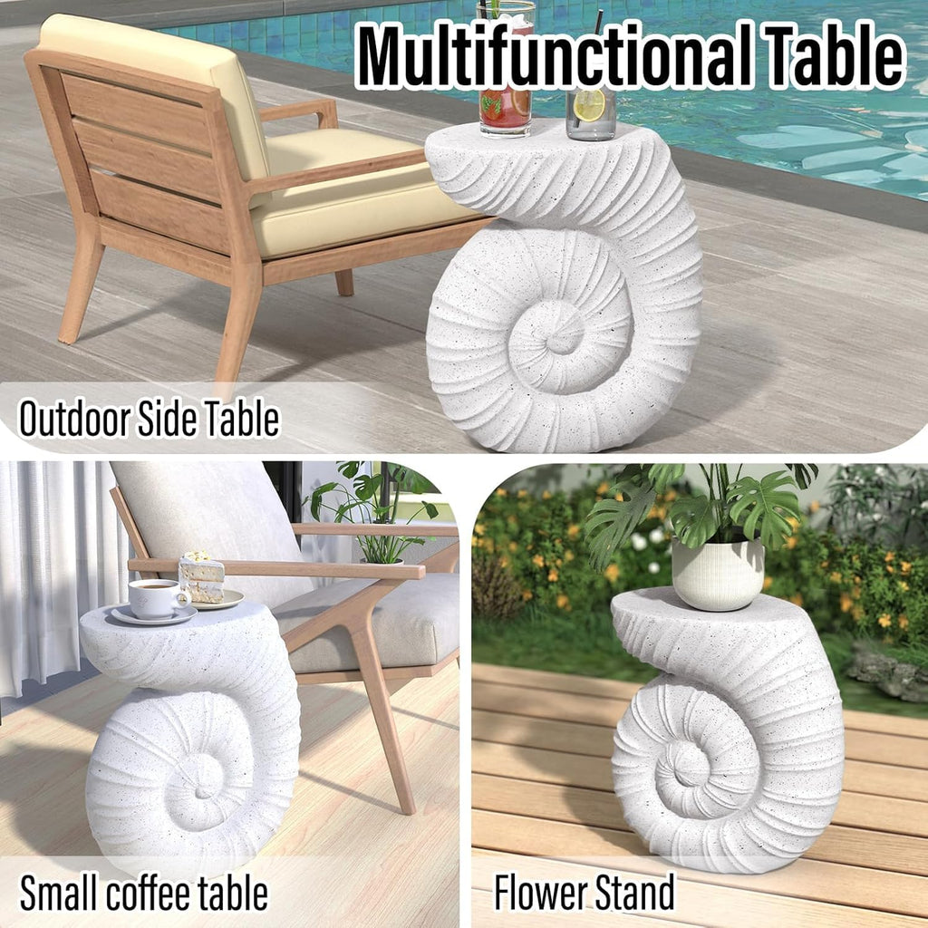 Heart Soars MGO Side Table Conch Cement Outdoor Side Table, White Conch Concrete Patio Table, Multi-Use Modern End Table with Spotted Finish, Accent Garden Table for Balcony Porch Pool