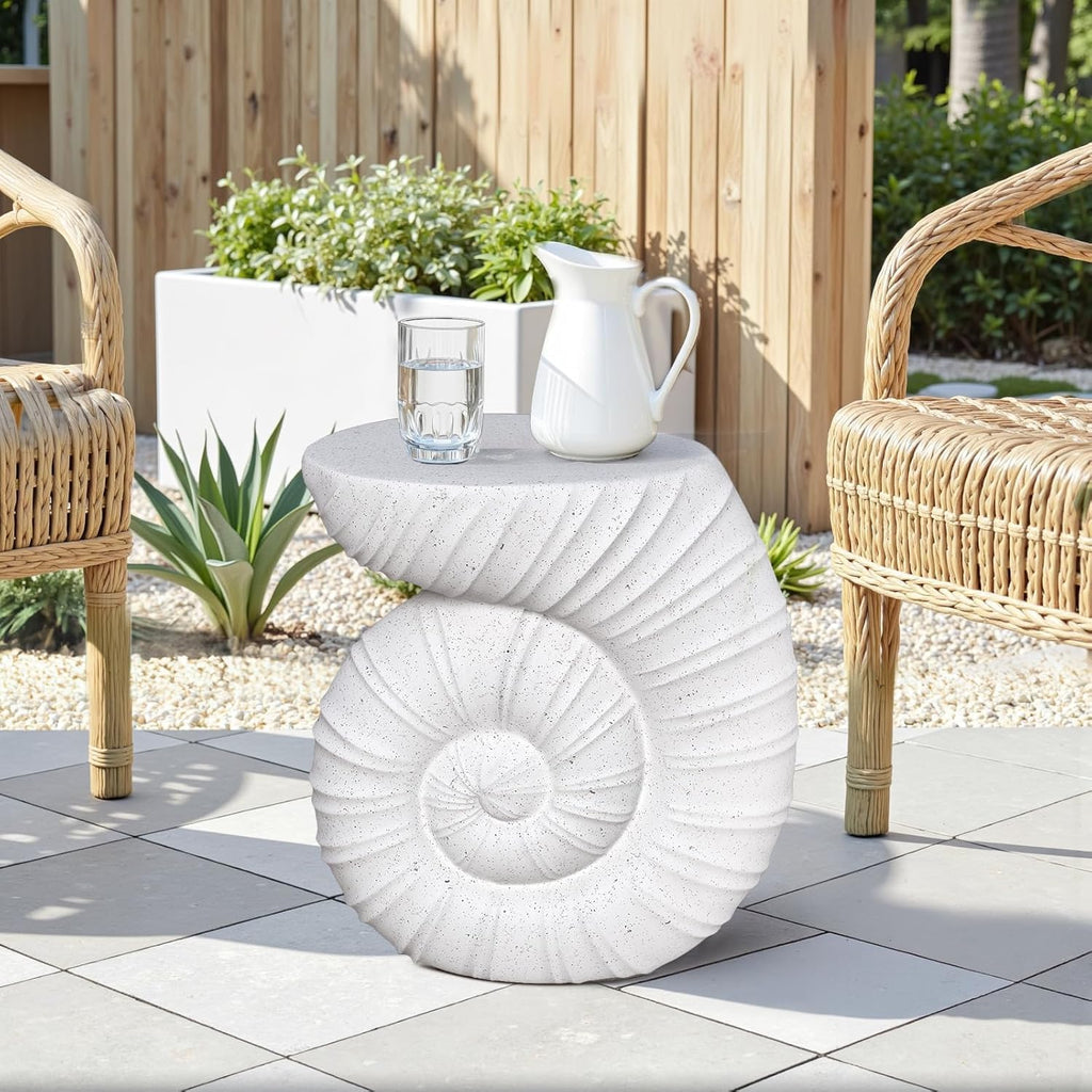 Heart Soars MGO Side Table Conch Cement Outdoor Side Table, White Conch Concrete Patio Table, Multi-Use Modern End Table with Spotted Finish, Accent Garden Table for Balcony Porch Pool