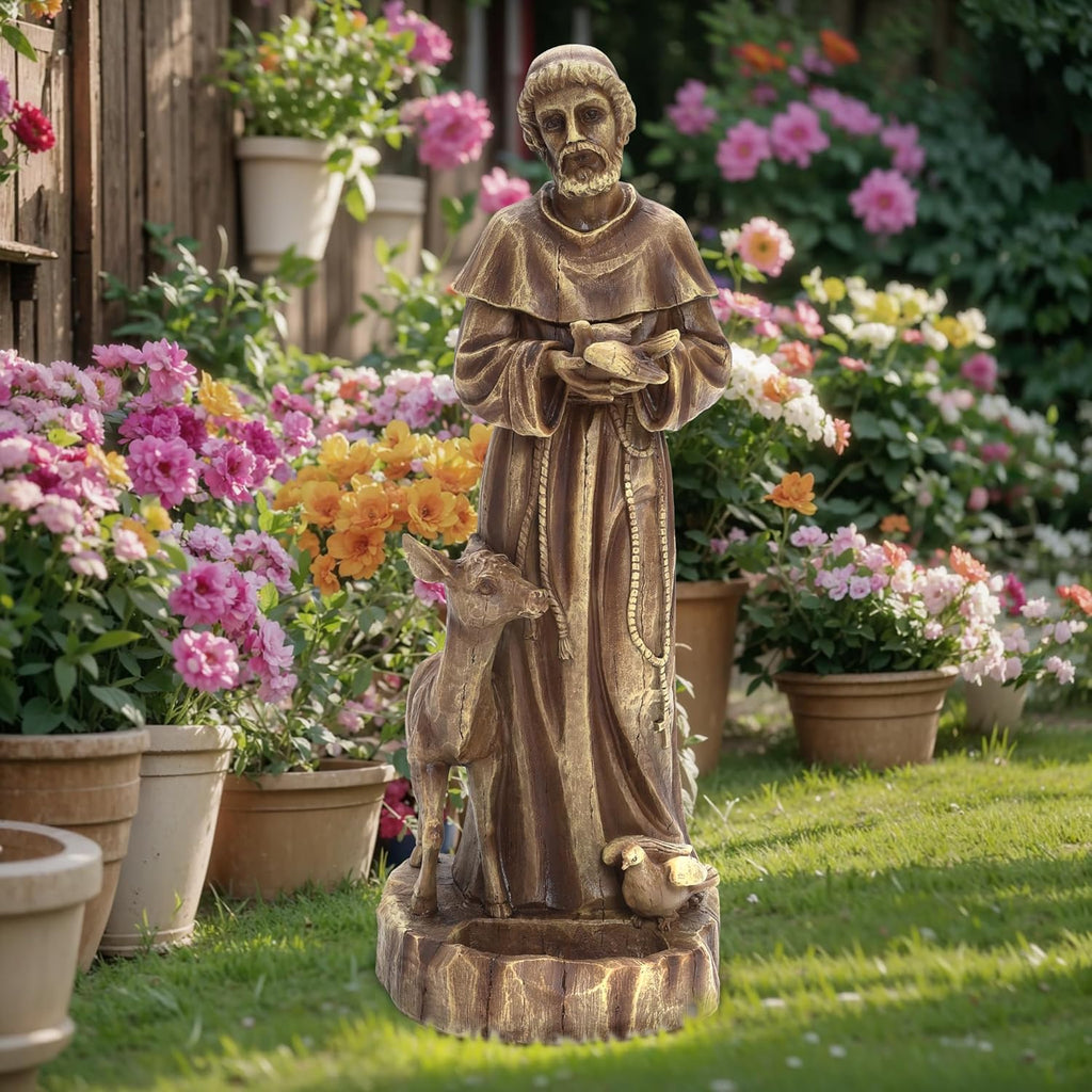 Heart Soars 25'' Saint Francis Garden Statue, Religious Garden Sculpture, Catholic St. Francis Statue for Patio, Yard, Home, Fiber Stone Decor, Outdoor Sculptures Decorations, Brown