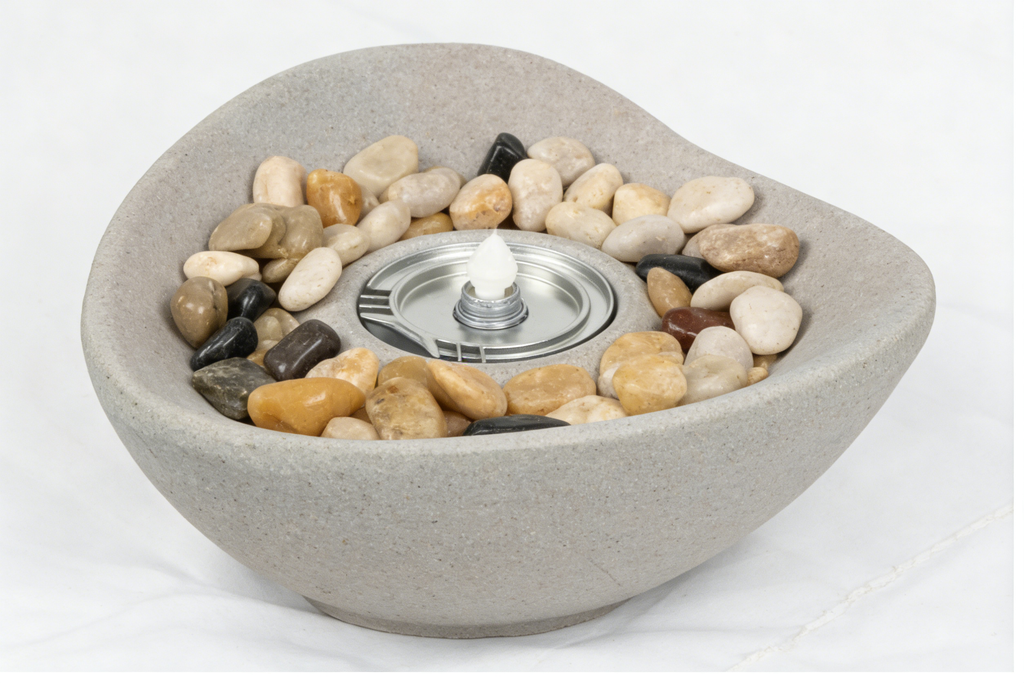 Heart Soars Tabletop Fire Bowl with Alcohol Burner（no alcohol）, Concrete Gray Magnesium Oxide, 28x26x14cm, Includes Burner Extinguisher River Stones Rain Cover