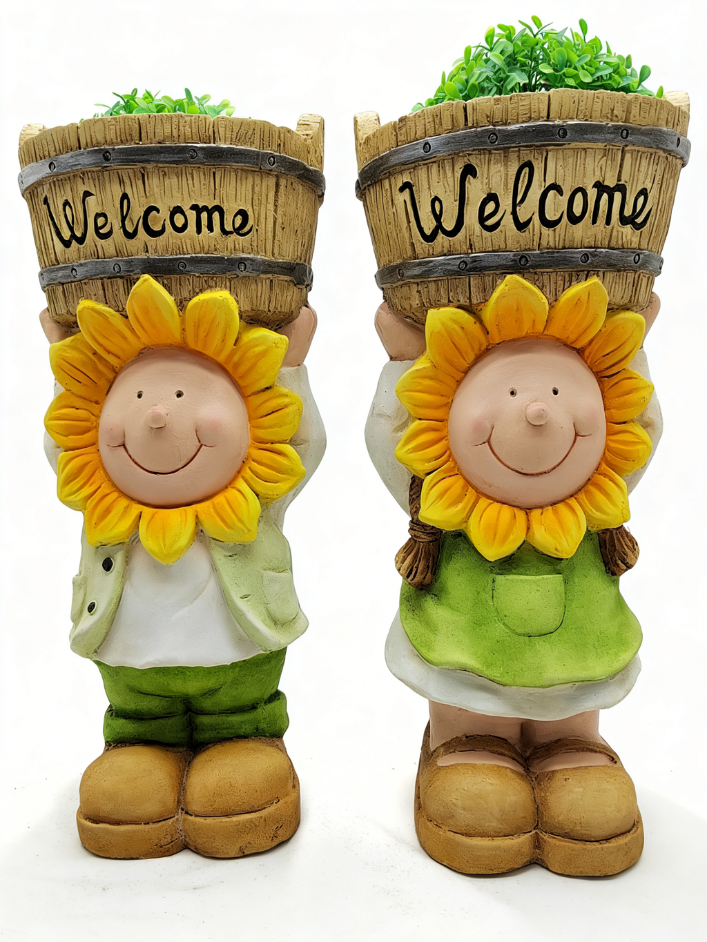 Heart Soars Welcome Sunflower Planter Set with Boy and Girl Figurines, Resin Garden Decor, 22x18x46 CM, 2 Piece Set