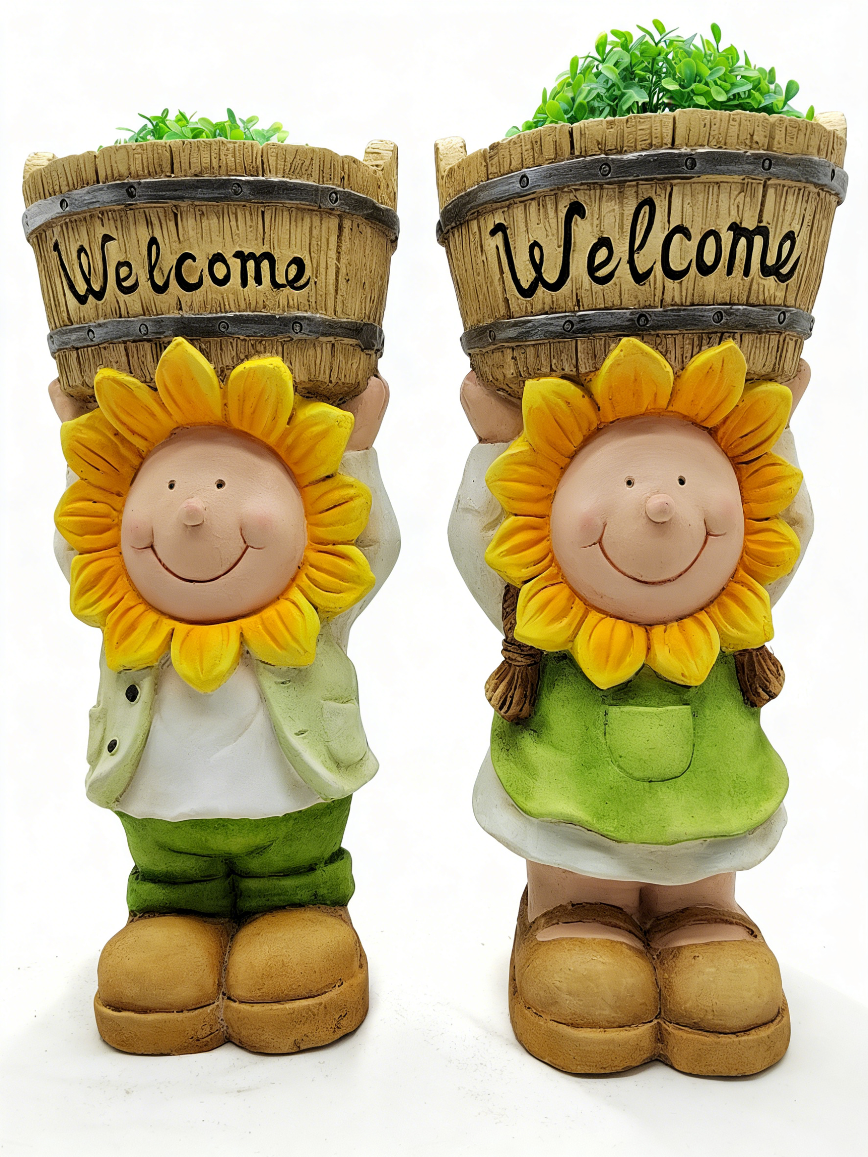Heart Soars Welcome Sunflower Planter Set with Boy and Girl Figurines, Resin Garden Decor, 22x18x46 CM, 2 Piece Set