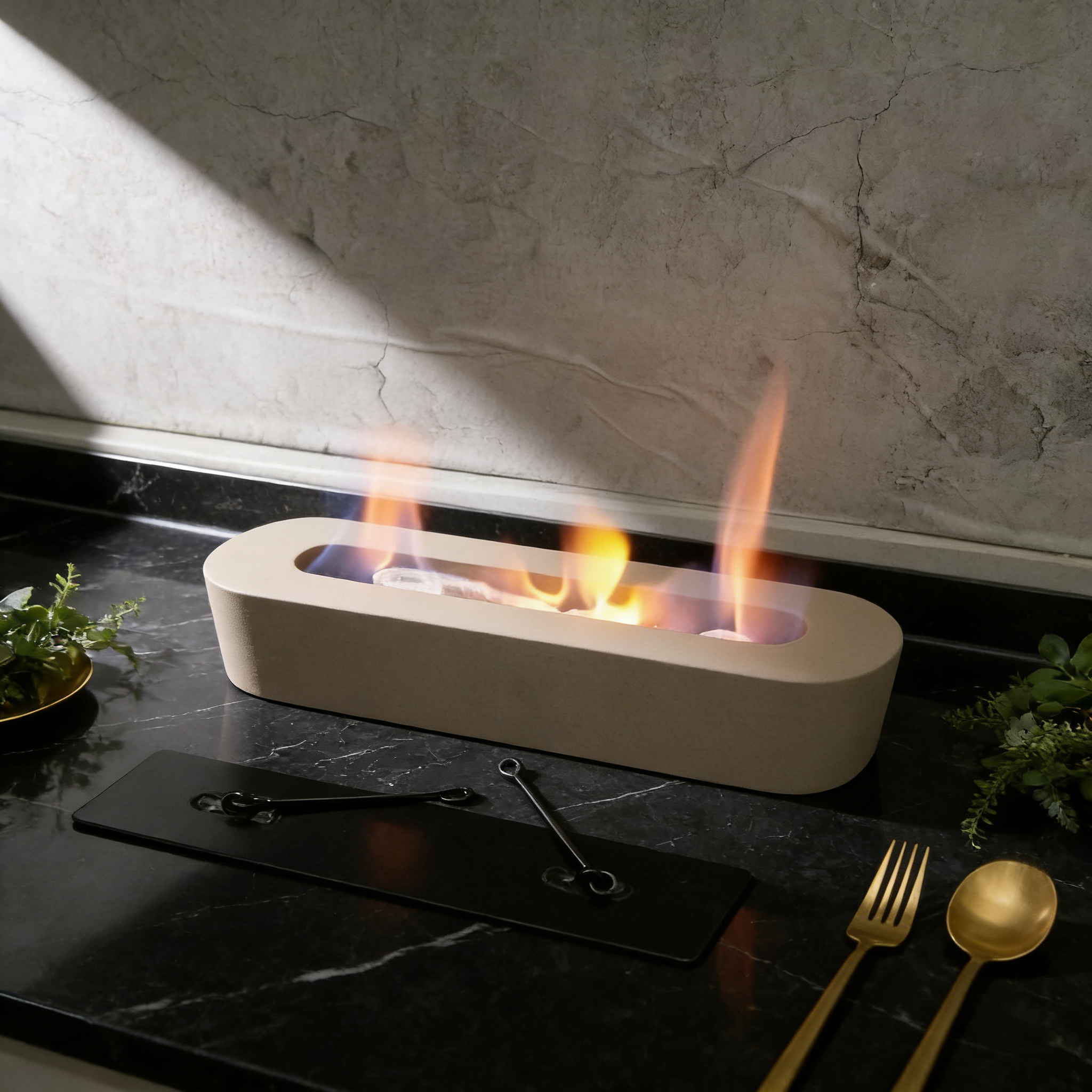 Modern Low-Profile Concrete Fire Bowl（no alcohol） – Portable Tabletop Fire Pit with Cotton Wick
