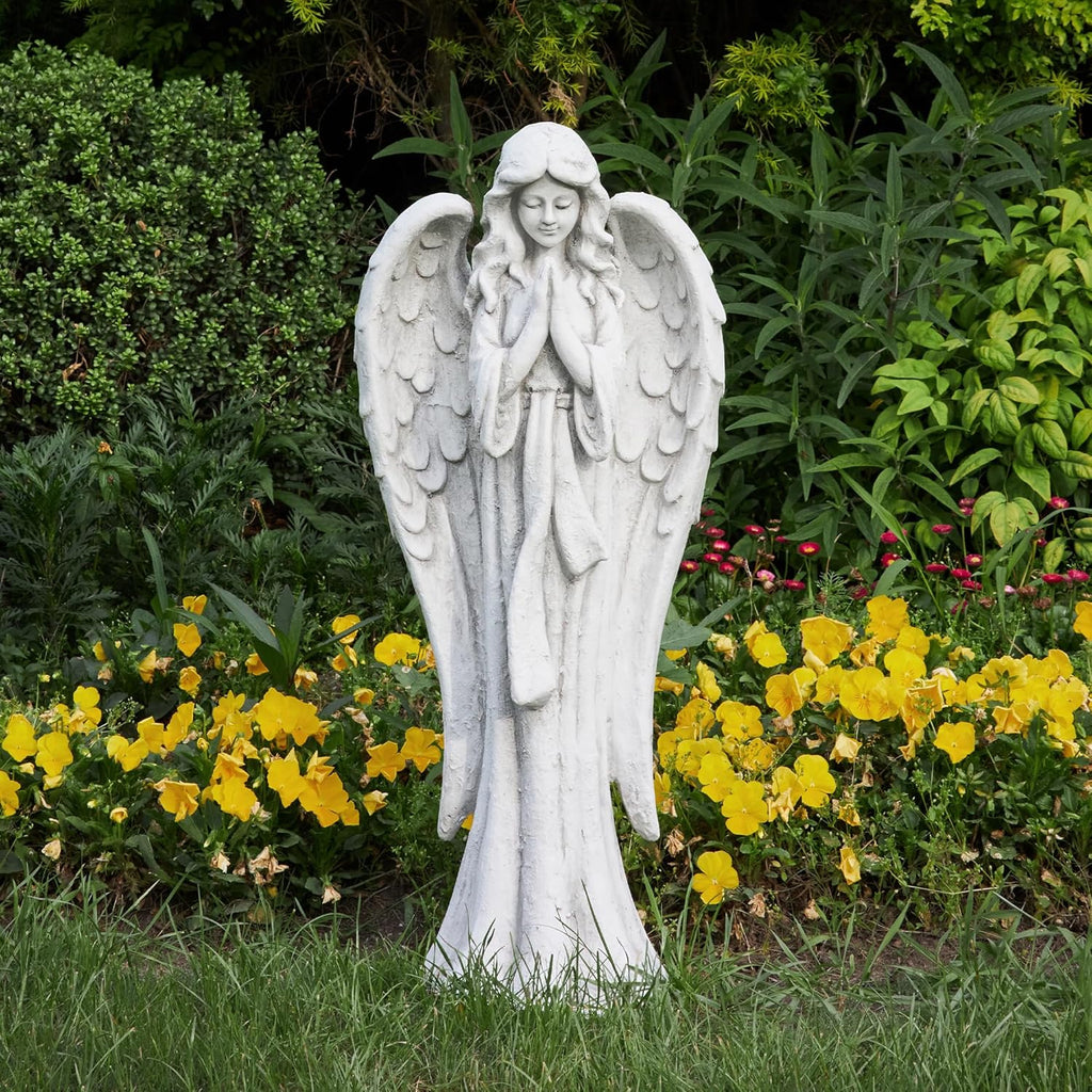 Outdoor Garden Statues Praying Angel Statue 31.1" Grave Decorations Magnesium Oxide Stone Grey Yard Patio Deck Home Entryway Hallway Sculpture