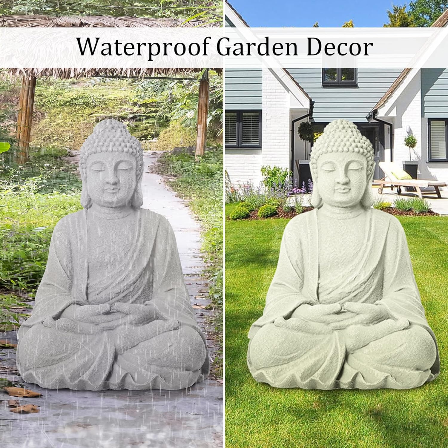 Zen Garden Asian Buddha Statue Outdoor Indoor Yard Decor 20” High Patio Deck Sculptures Magnesium Oxide Stone Grey Home Entryway Hallway