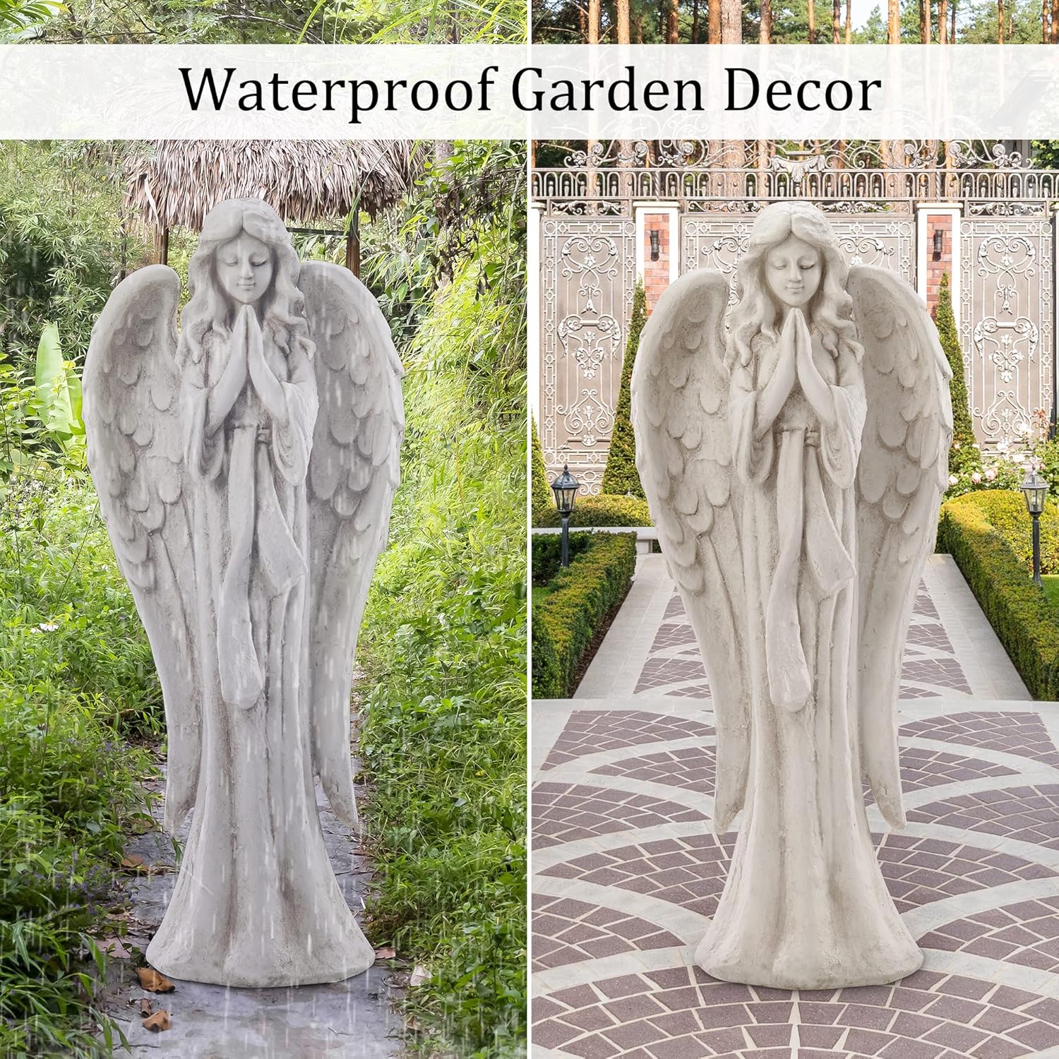Outdoor Garden Statues Praying Angel Statue 31.1" Grave Decorations Magnesium Oxide Stone Grey Yard Patio Deck Home Entryway Hallway Sculpture