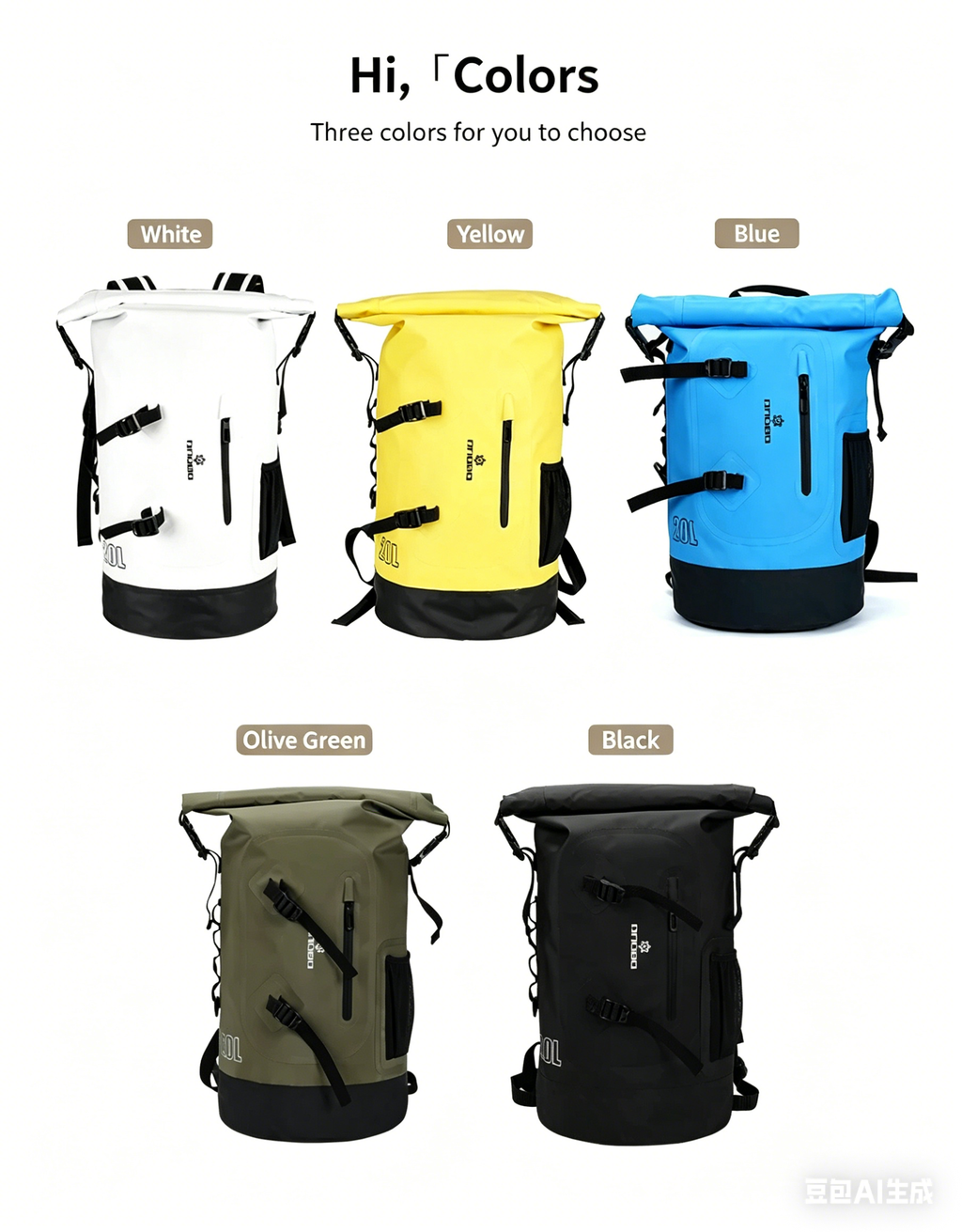 Waterproof 20L Backpack for Men and Women, Large Capacity Roll-Top Travel Sports Bag for Outdoor Activities Such As Surfing, Rafting and Water Sports