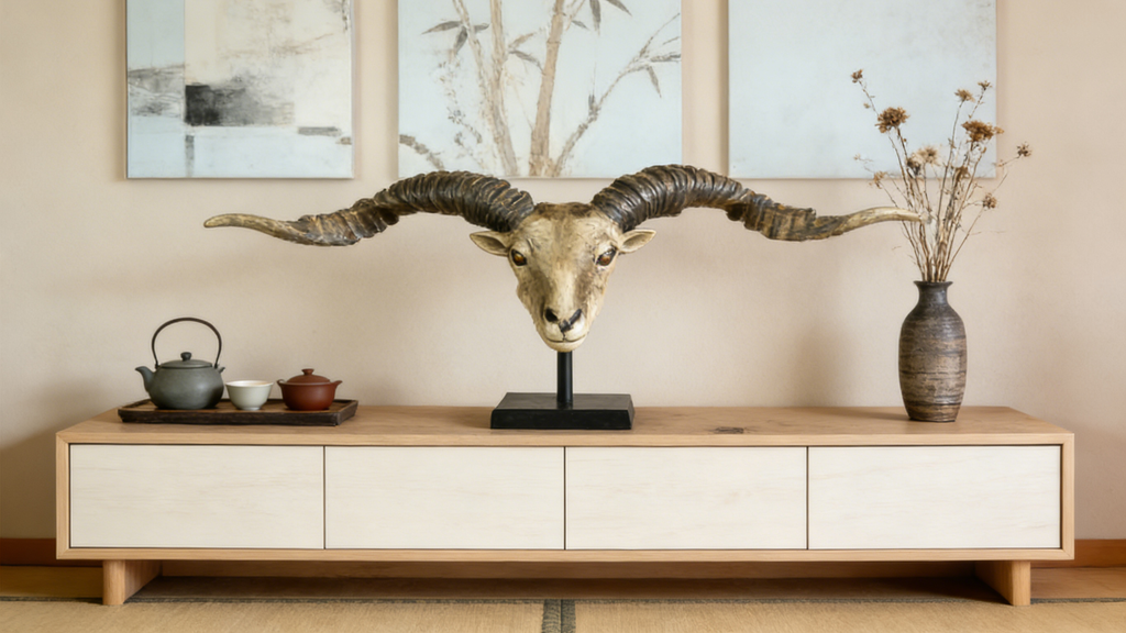 Heart Soars Ram Head Sculpture Decorative Figurine with Long Horns, Resin Craft Ornament on Black Base, 98x13x42cm