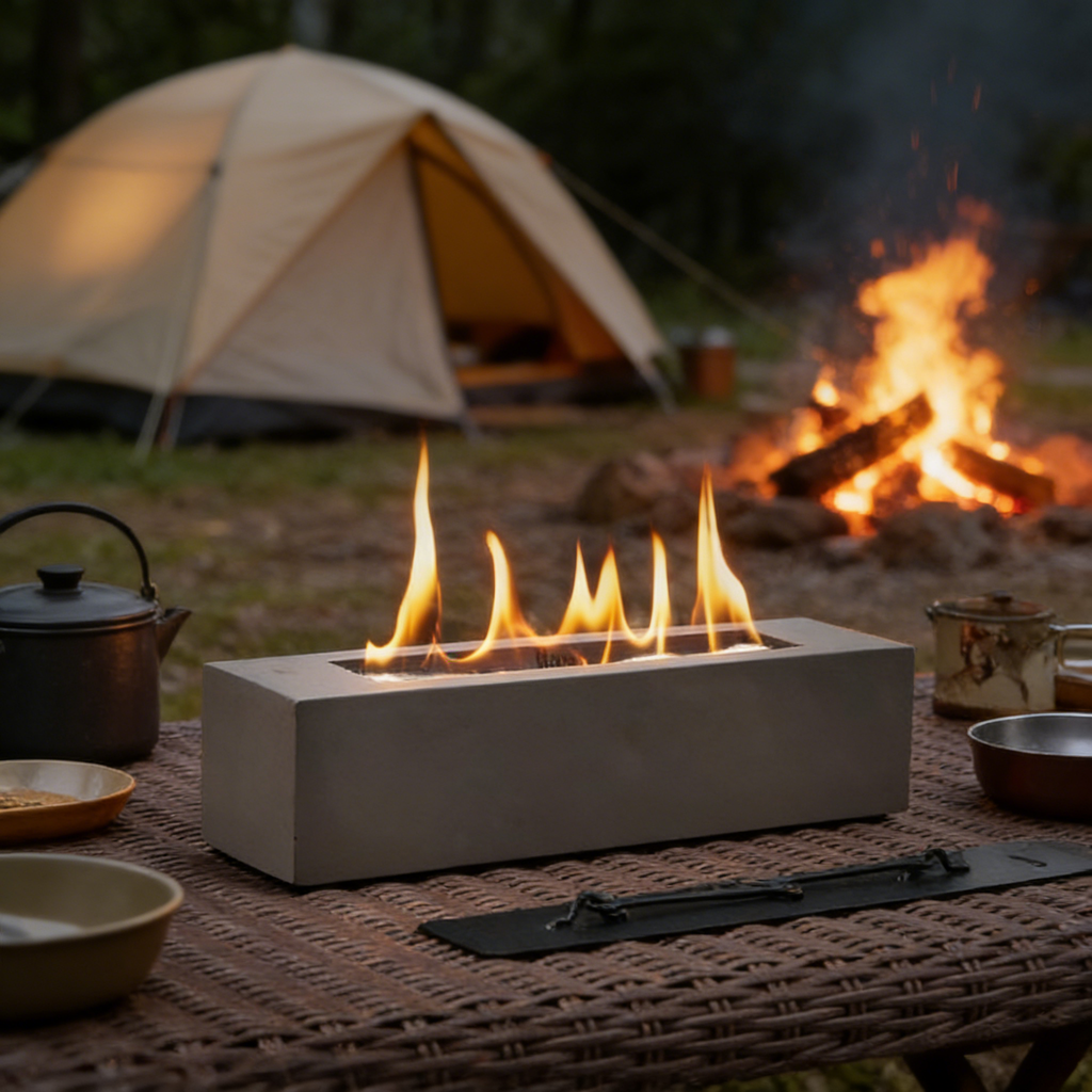 Modern Rectangular Concrete Fire Bowl （no alcohol）– Portable Tabletop Fire Pit with Full Accessory Set