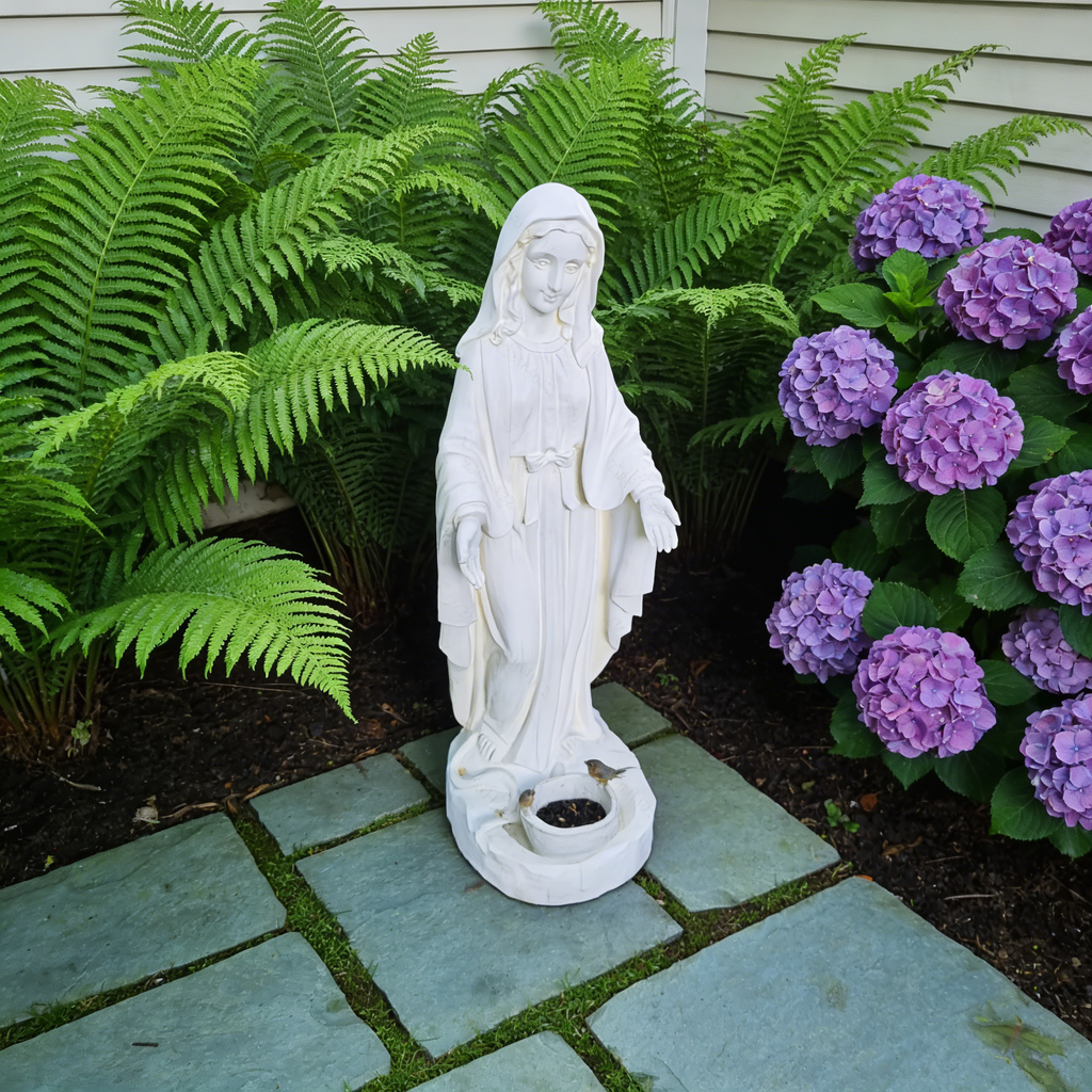 Heart Soars Religious Virgin Mary Statue with Bird Feeder, White Magnesium Oxide, 22x24.5x64cm, Garden Decor