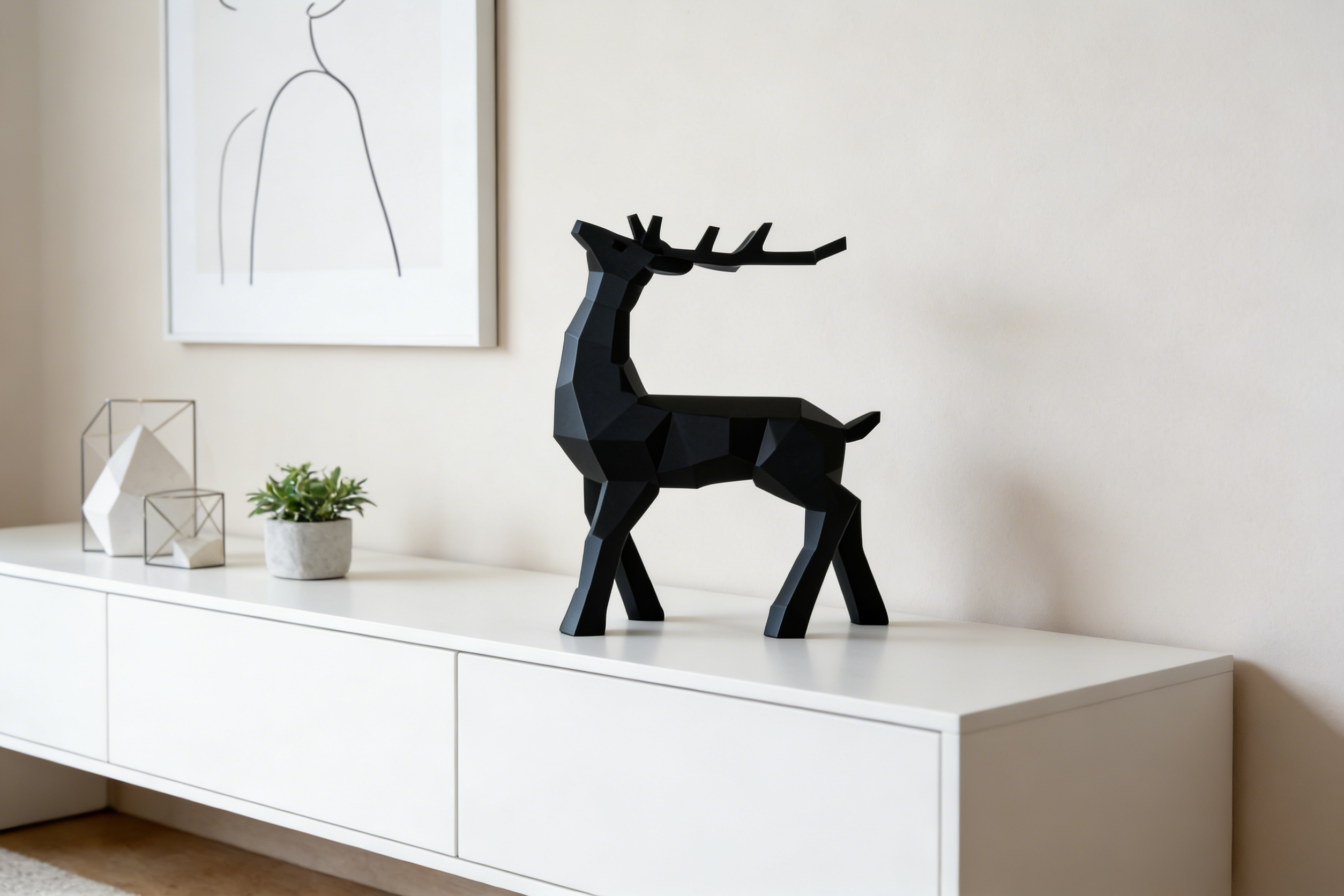 Modern Minimalist Black Geometric Deer Art Sculpture
