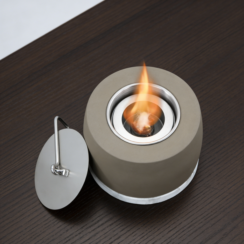 Heart Soars Tabletop Fire Bowl（no alcohol）, Concrete Alcohol Burner with Stainless Steel Lid, 15.6 x 15.6 x 16 cm, Desktop Fireplace with Cotton Wick and Extinguisher