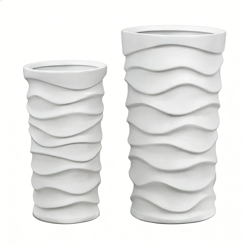 Heart Soars Modern White Wave Textured Tall Planter Set, Magnesium Oxide Material, 2 Piece Indoor Outdoor Flower Pot, Large 10x10x18 Inch and 12x12x20 Inch