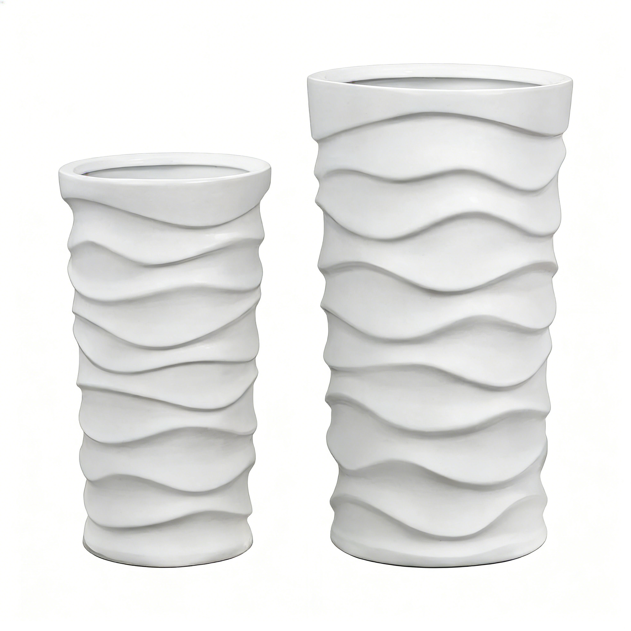 Heart Soars Modern White Wave Textured Tall Planter Set, Magnesium Oxide Material, 2 Piece Indoor Outdoor Flower Pot, Large 10x10x18 Inch and 12x12x20 Inch